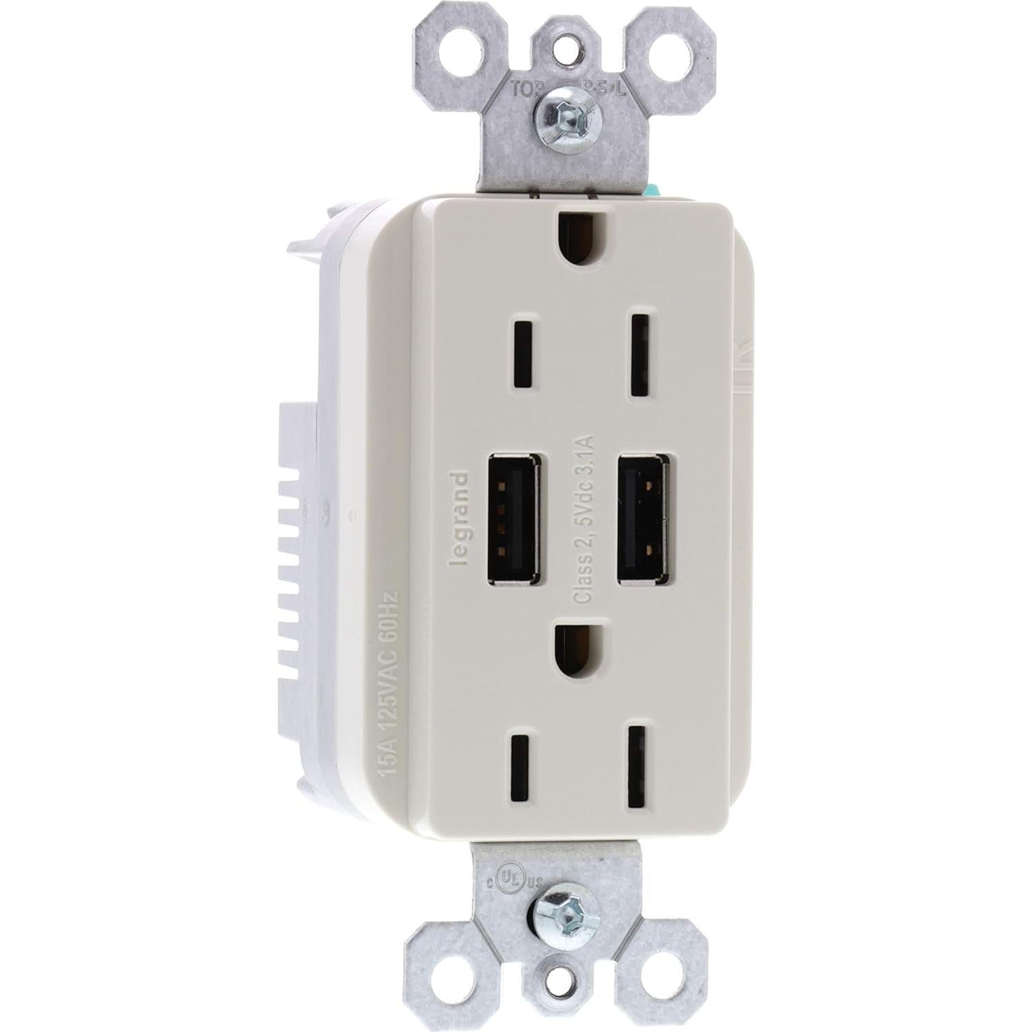 Tomacorriente Dúplex Legrand 15A con Cargador USB 3.1A Almendra