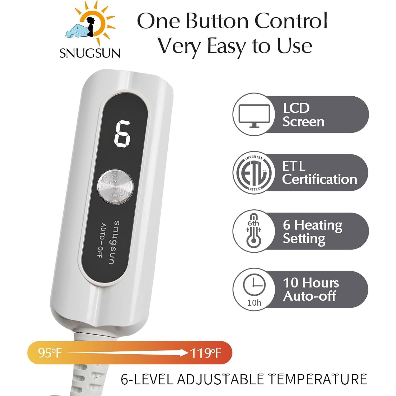 Manta Eléctrica Individual SNUGSUN 157x213cm Gris/Blanco