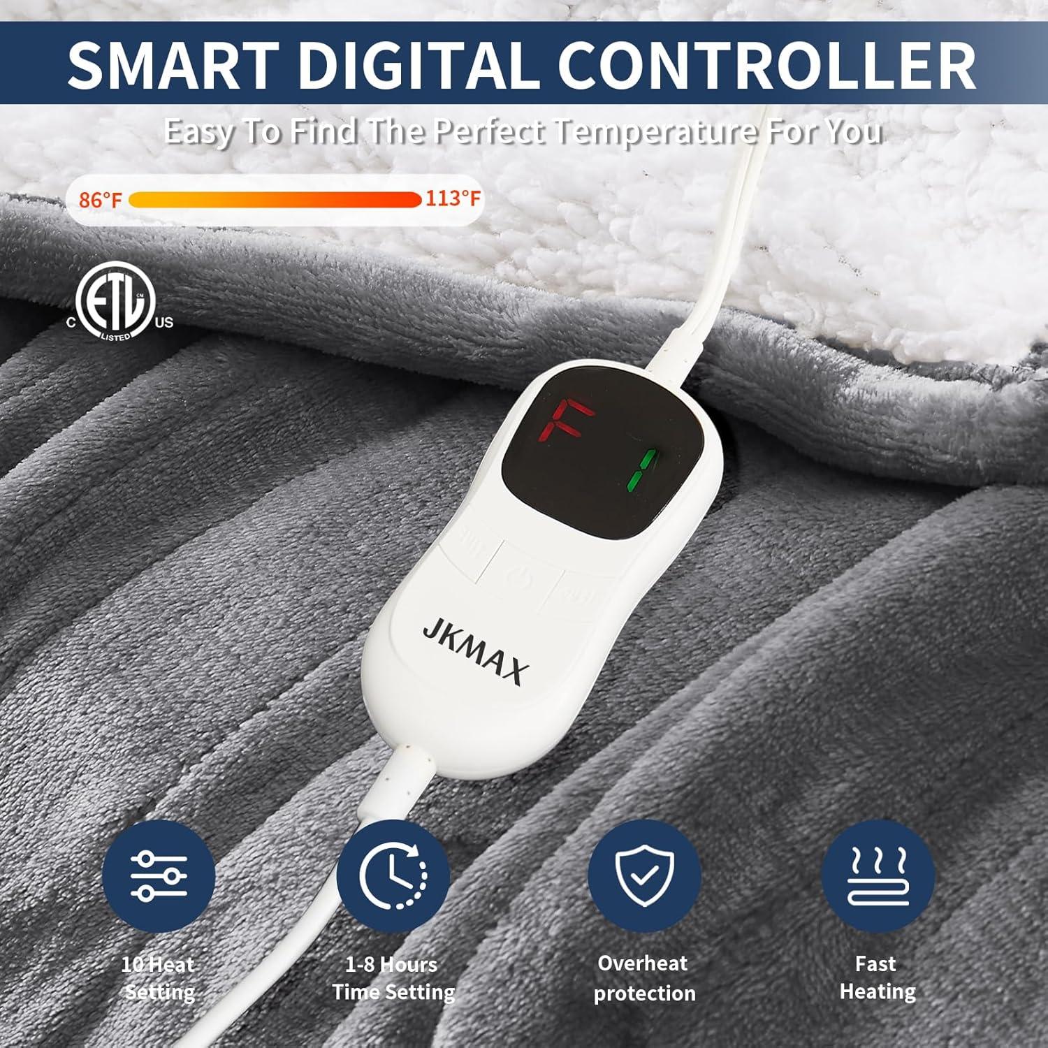 Manta Eléctrica Calentada JKMAX 72x84 Gris 10 Niveles