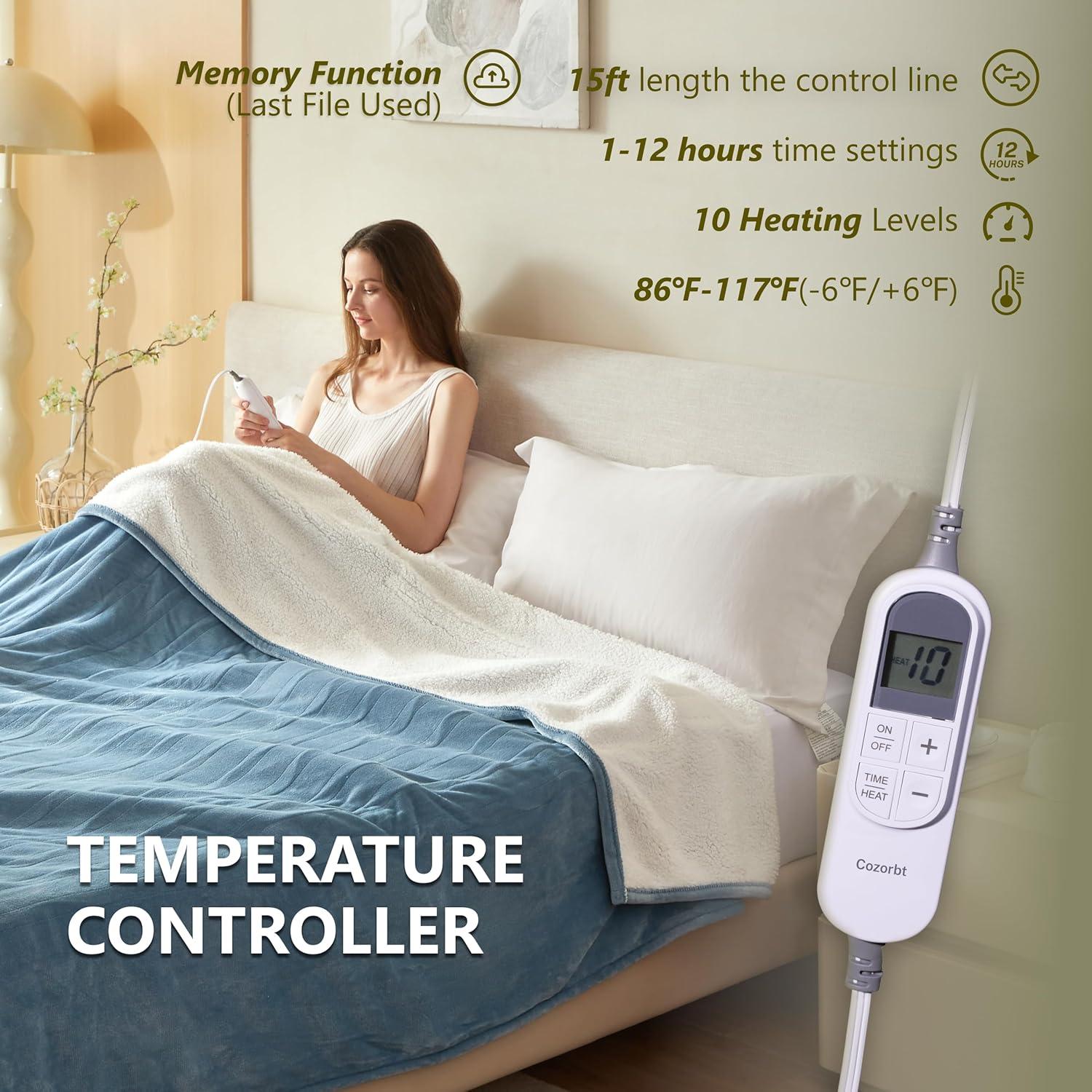 Manta Eléctrica Cozorbt 127x152 cm Reversible Suave con 10 Niveles de Calor