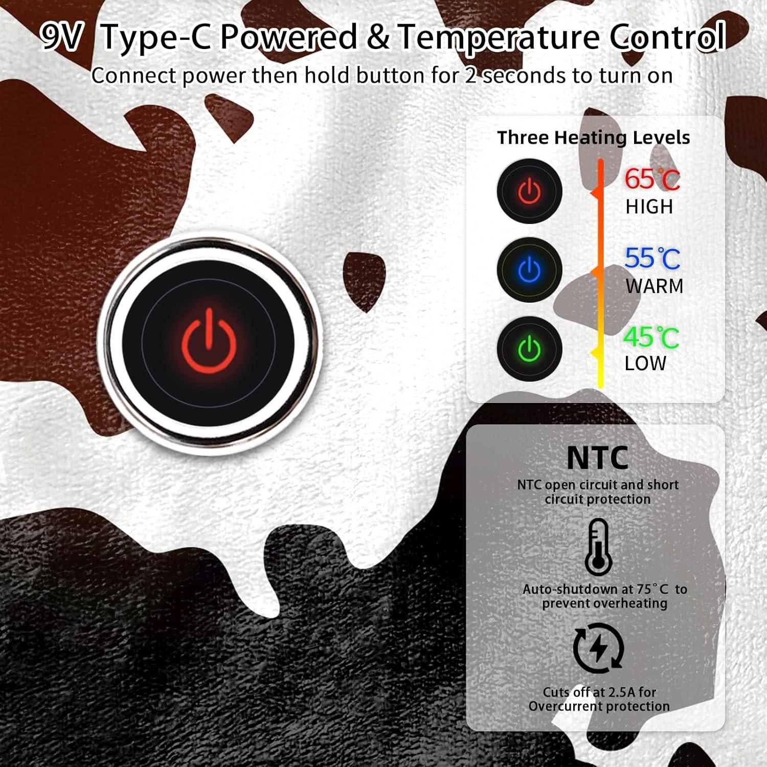 Manta Térmica USB-C CZZDERAM 127x152 cm 3 Niveles Calor Vaca