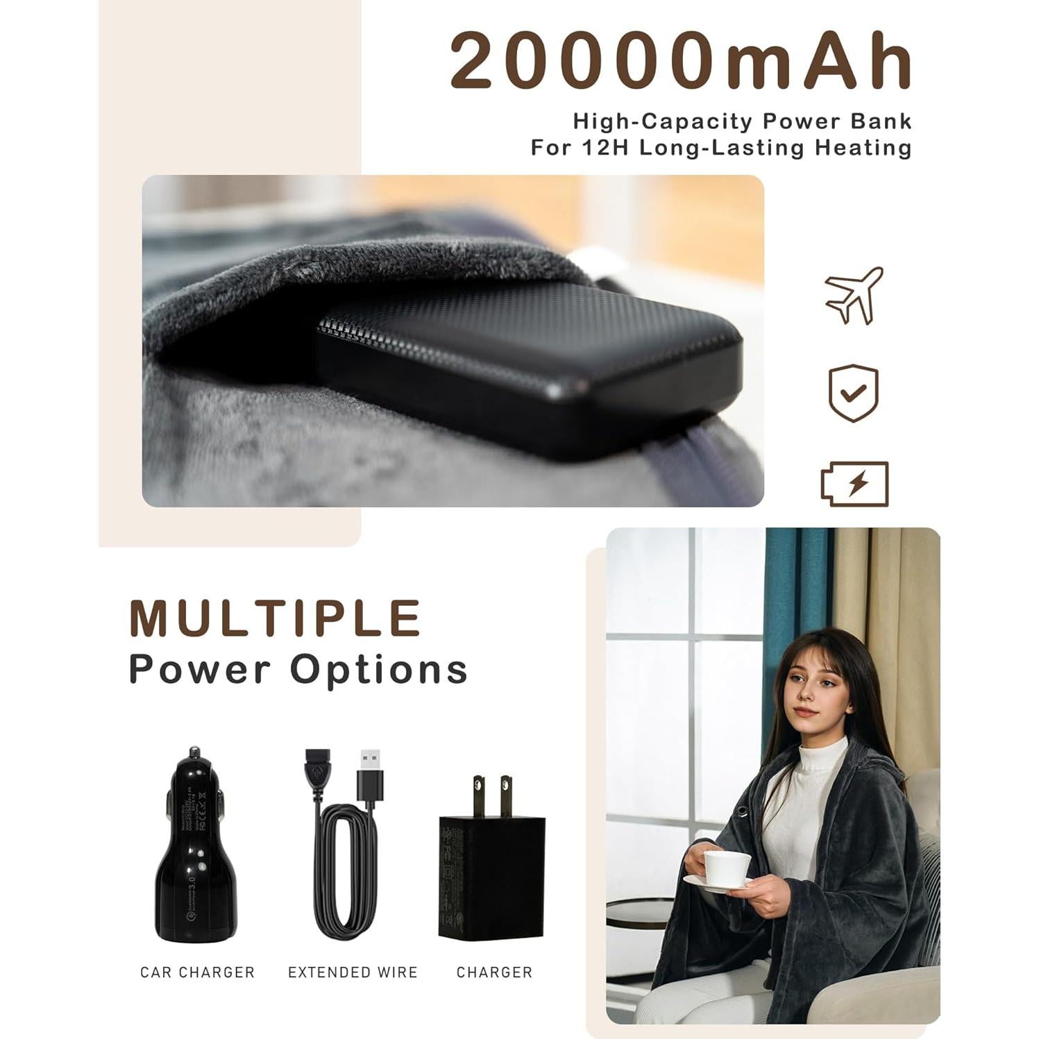 Manta Calentada Sin Cable MIMYTH 173x97cm 20000mAh 3 Temperaturas