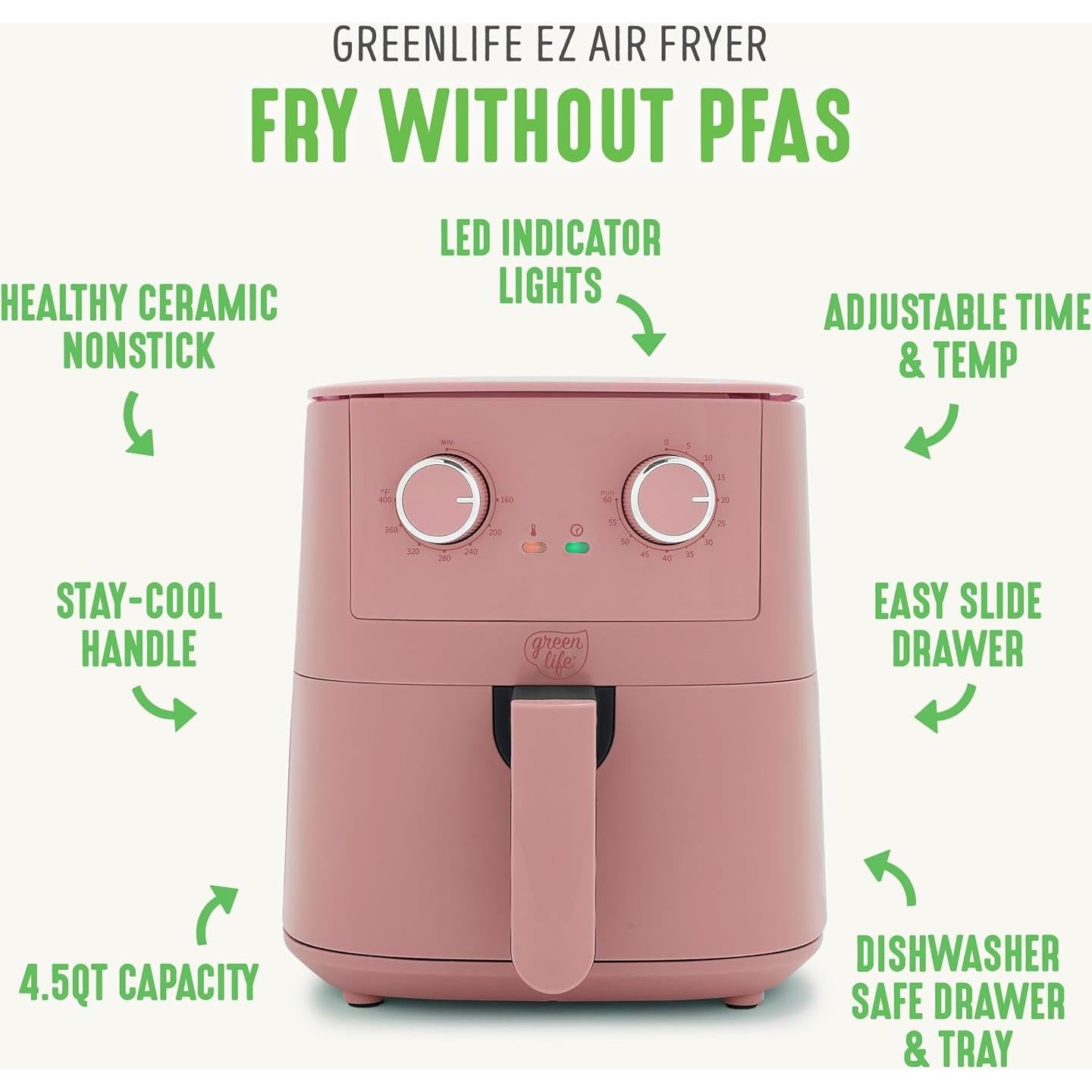 Freidora de Aire GreenLife 4.5QT Cerámica Antiadherente Rosa