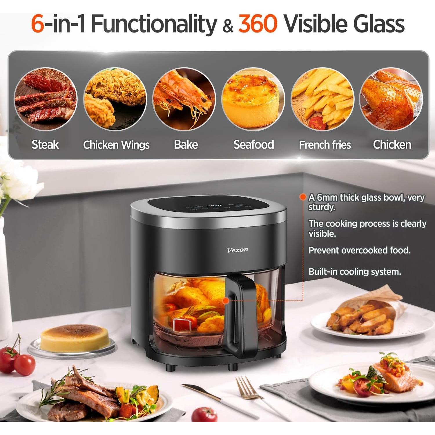 Freidora de Aire Vexon 4.5QT con Olla de Vidrio 1050W