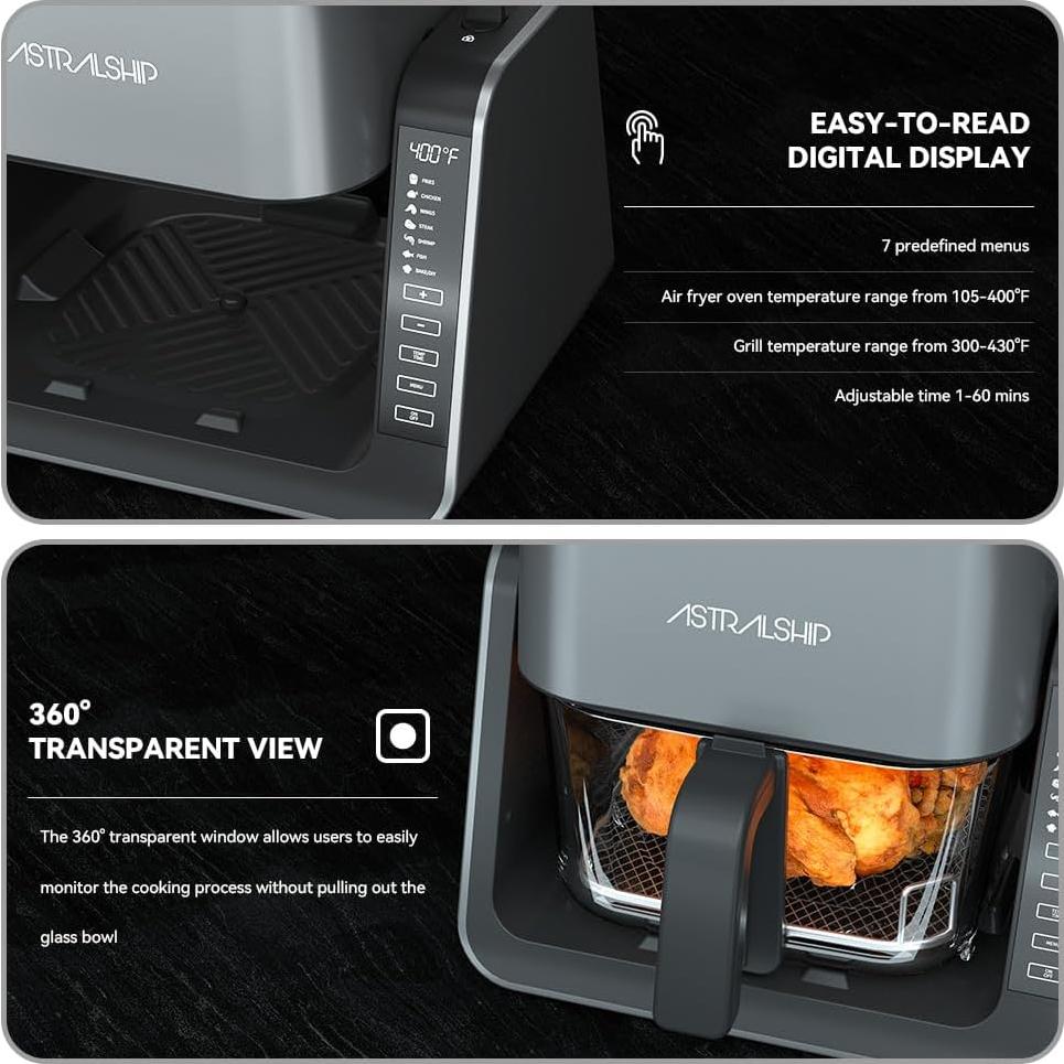 Freidora de Aire y Parrilla Astralship ASAF-01 4.2L Vidrio