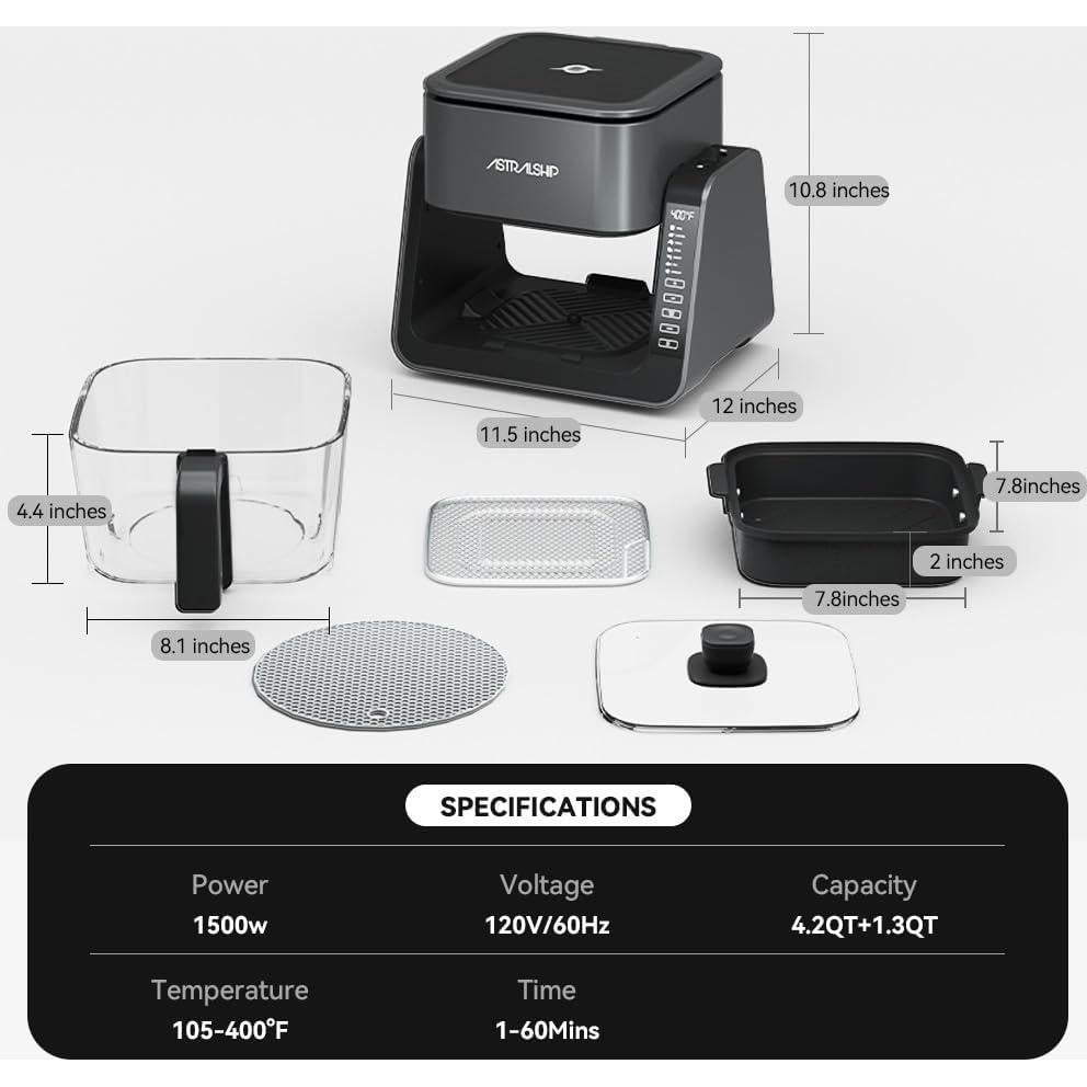 Freidora de Aire y Parrilla Astralship ASAF-01 4.2L Vidrio