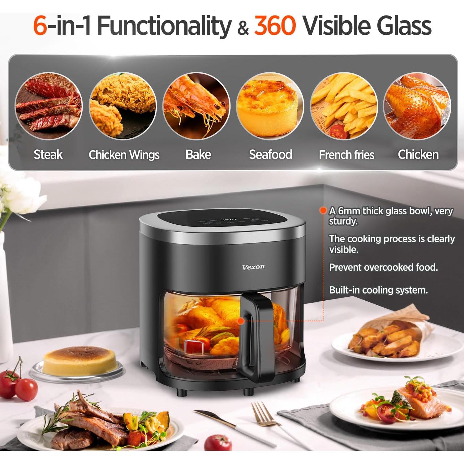Freidora de Aire Vexon 6 en 1 4.5QT Vidrio Apto Lavavajillas