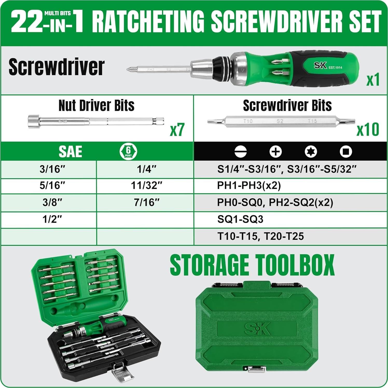 Destornillador de Trinquete 22-en-1 SK con Puntas Intercambiables