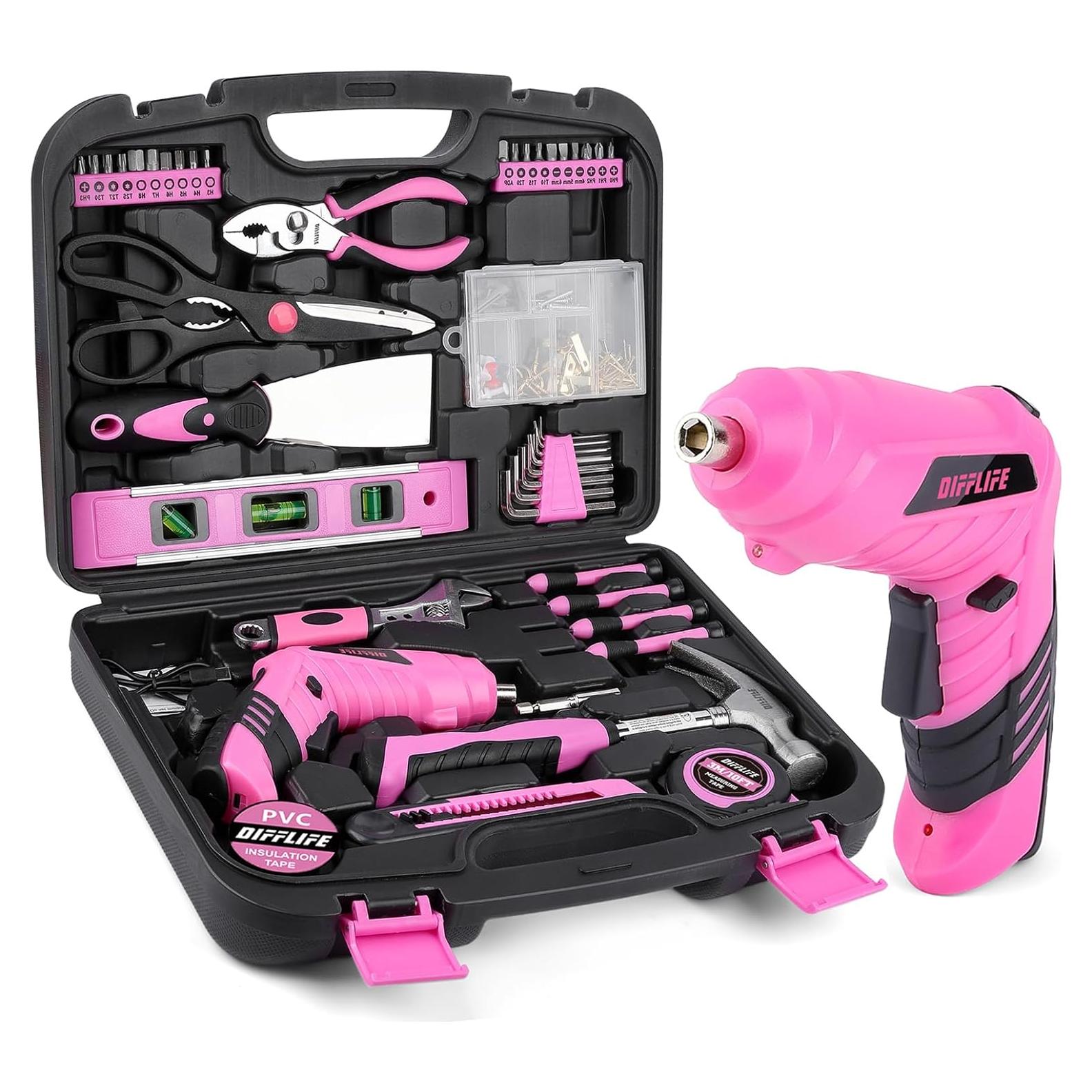 Juego de Herramientas Rosa 143 Piezas DIFFLIFE con Destornillador 3.6V