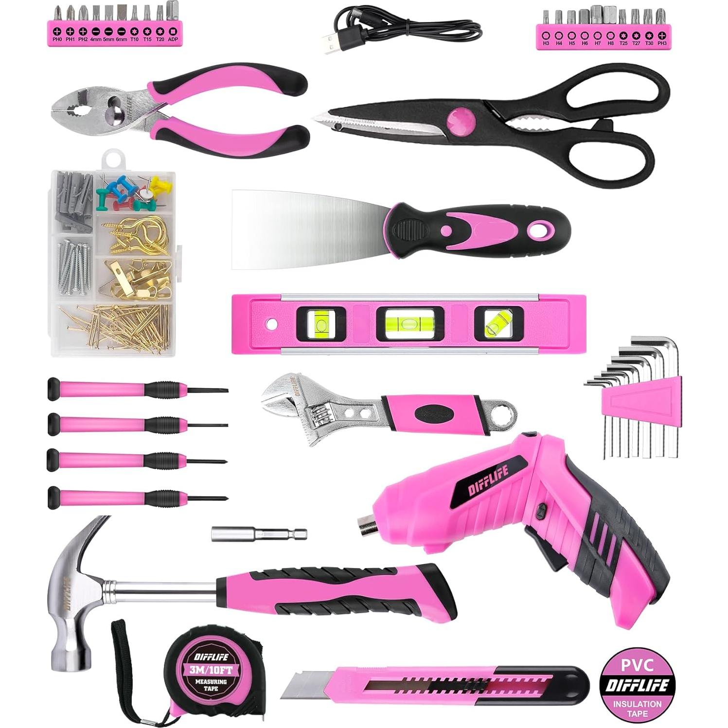 Juego de Herramientas Rosa 143 Piezas DIFFLIFE con Destornillador 3.6V