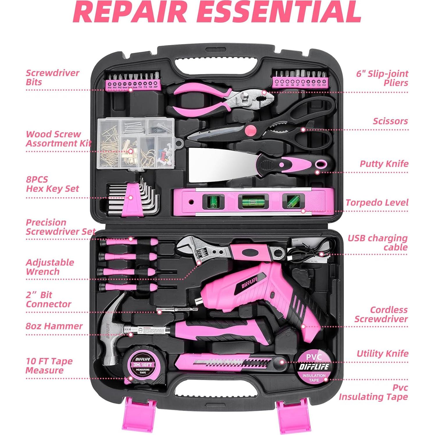 Juego de Herramientas Rosa 143 Piezas DIFFLIFE con Destornillador 3.6V