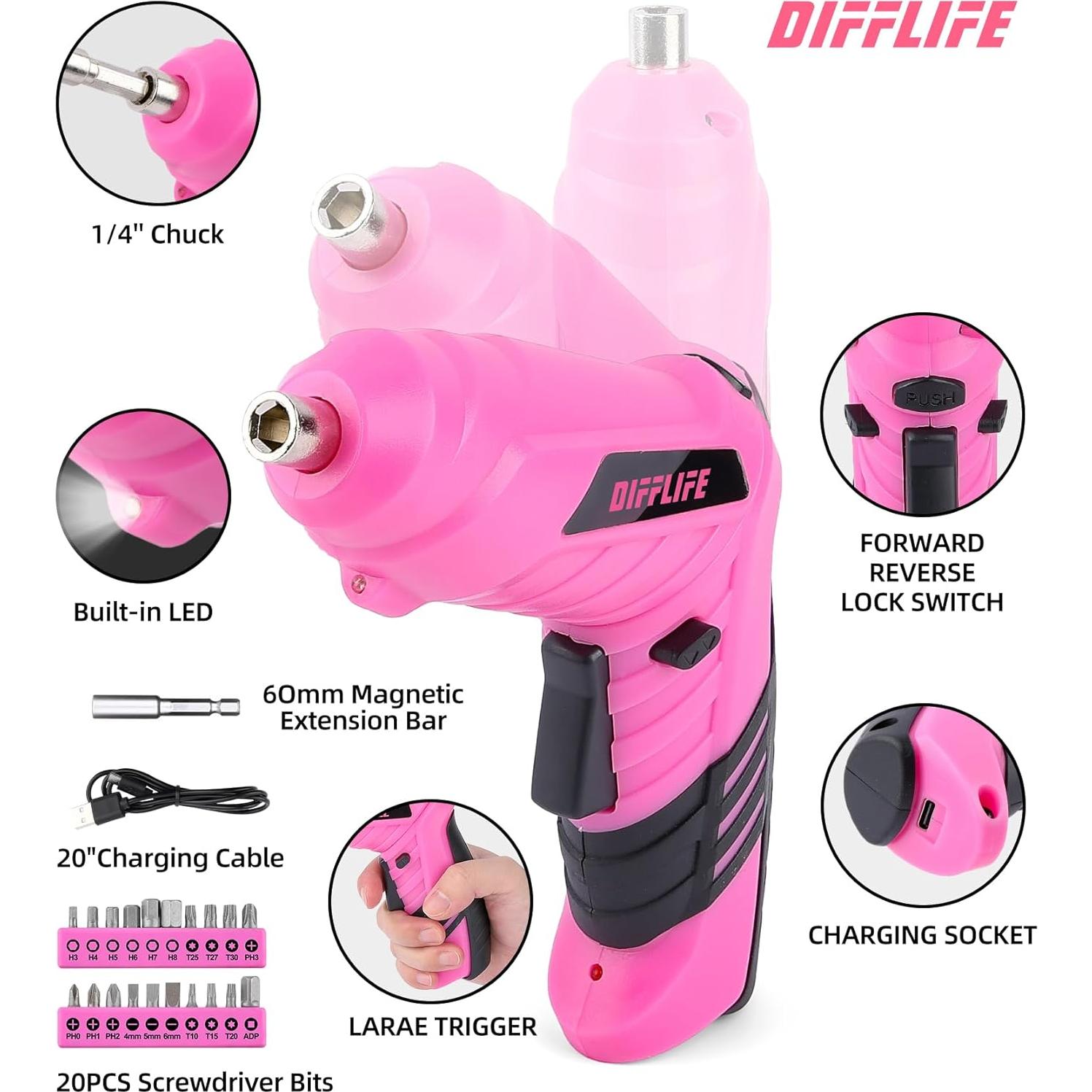 Juego de Herramientas Rosa 143 Piezas DIFFLIFE con Destornillador 3.6V