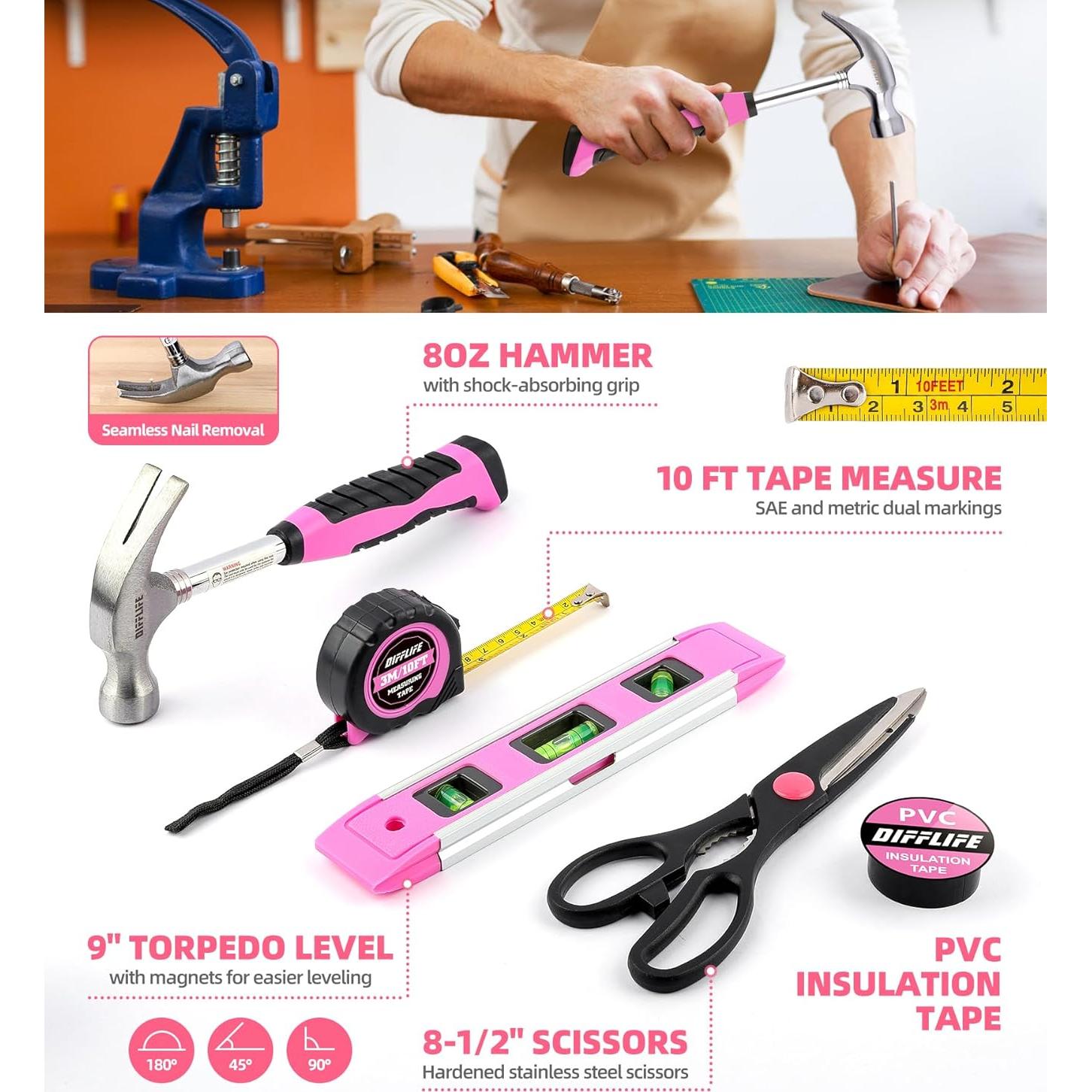 Juego de Herramientas Rosa 143 Piezas DIFFLIFE con Destornillador 3.6V