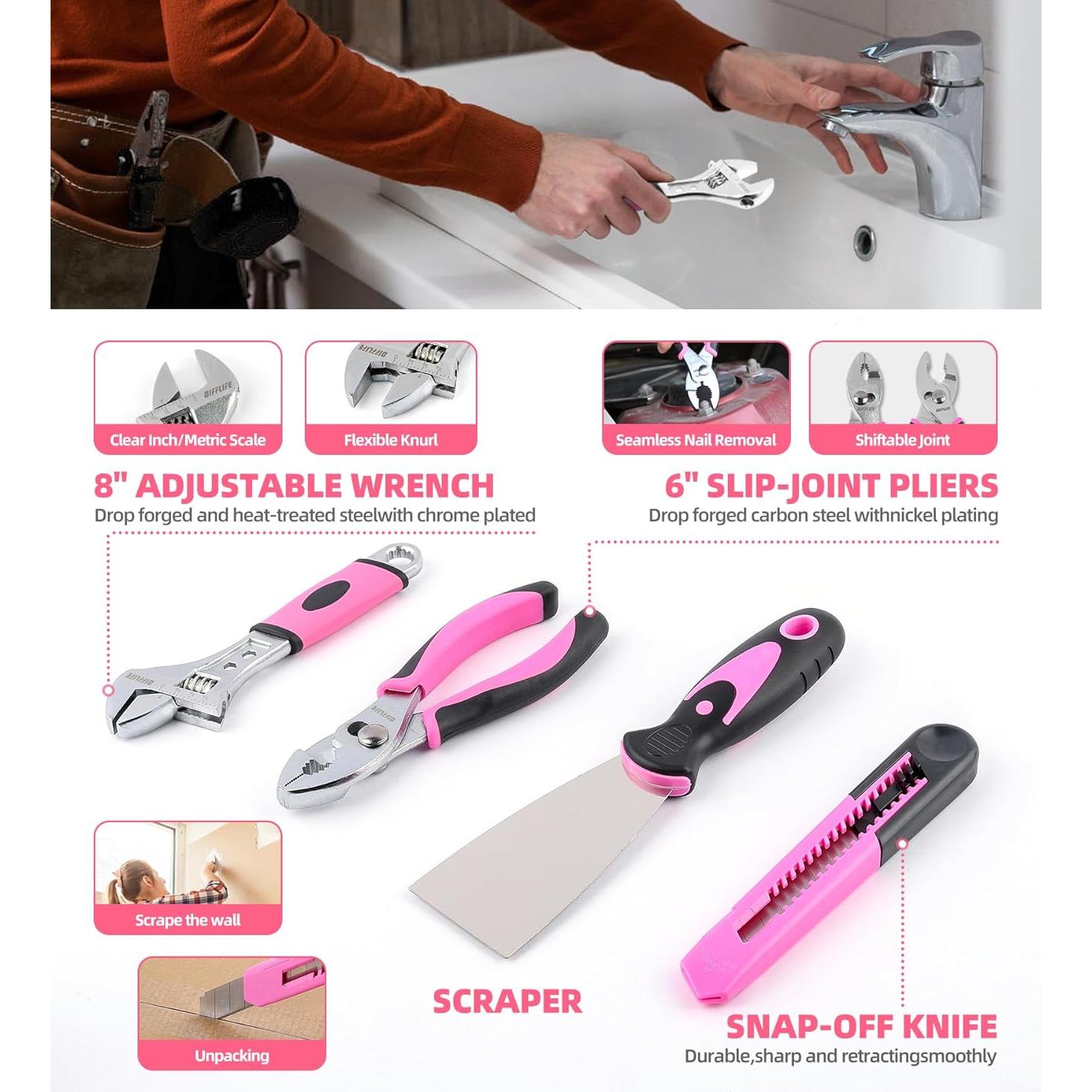 Juego de Herramientas Rosa 143 Piezas DIFFLIFE con Destornillador 3.6V