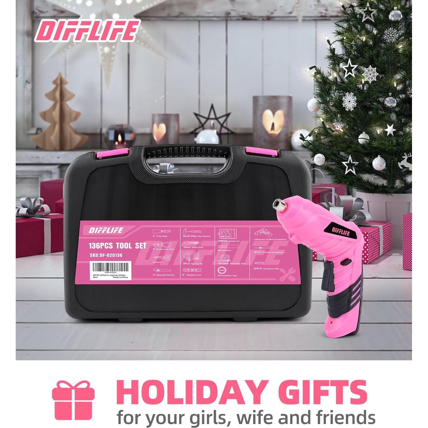 Juego de Herramientas Rosa 143 Piezas DIFFLIFE con Destornillador 3.6V