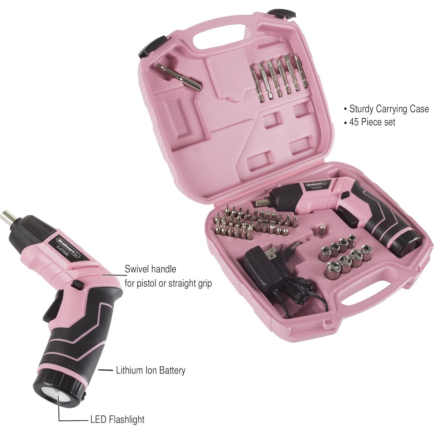 Destornillador Eléctrico Inalámbrico Stalwart 3.6V Rosa 45 Piezas