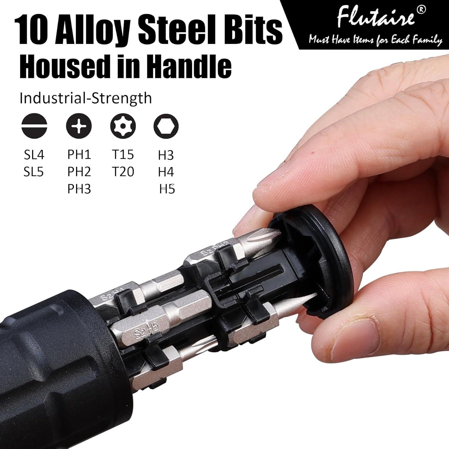 Juego de Destornillador de Carraca Flutaire 10 en 1 con Puntas