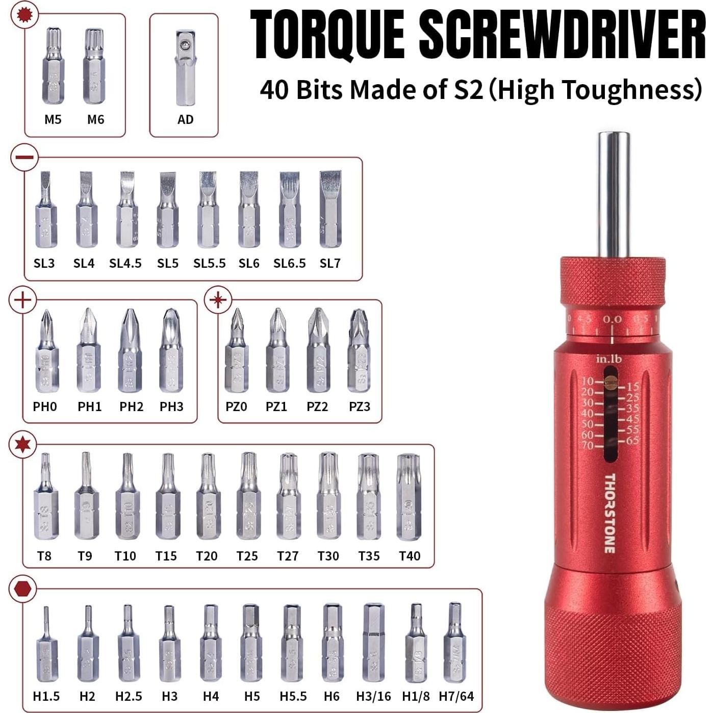 Juego de Llave de Torque Thorstone 40 Piezas 1/4'' 10-70 In-lbs