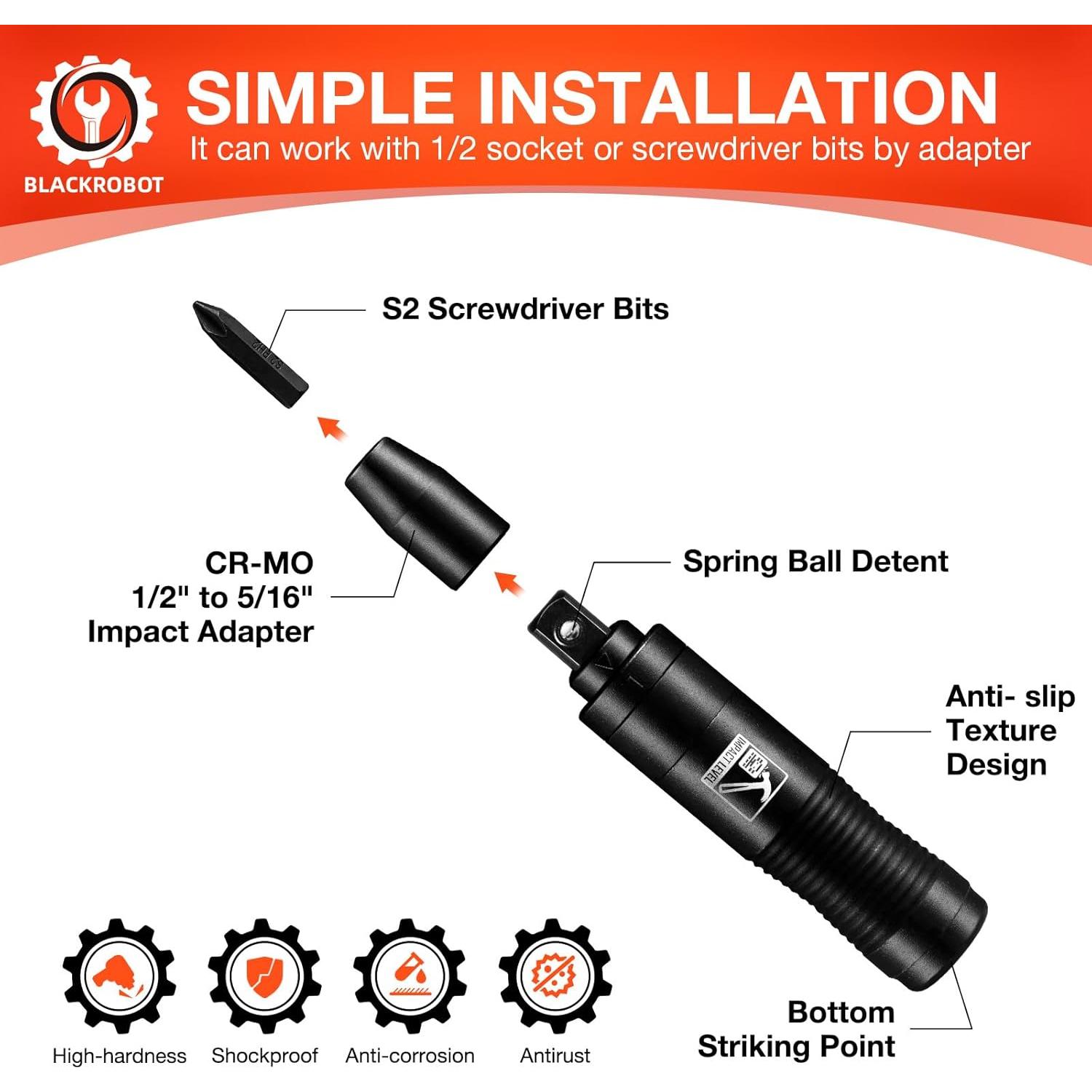 Juego de Destornillador de Impacto BLACKROBOT 1/2" CR-V 10 Piezas