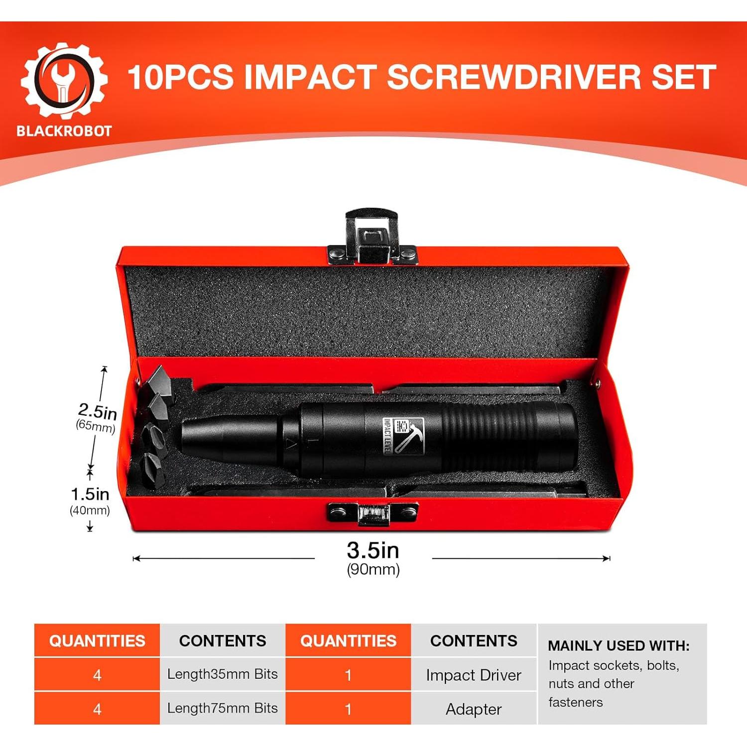 Juego de Destornillador de Impacto BLACKROBOT 1/2" CR-V 10 Piezas