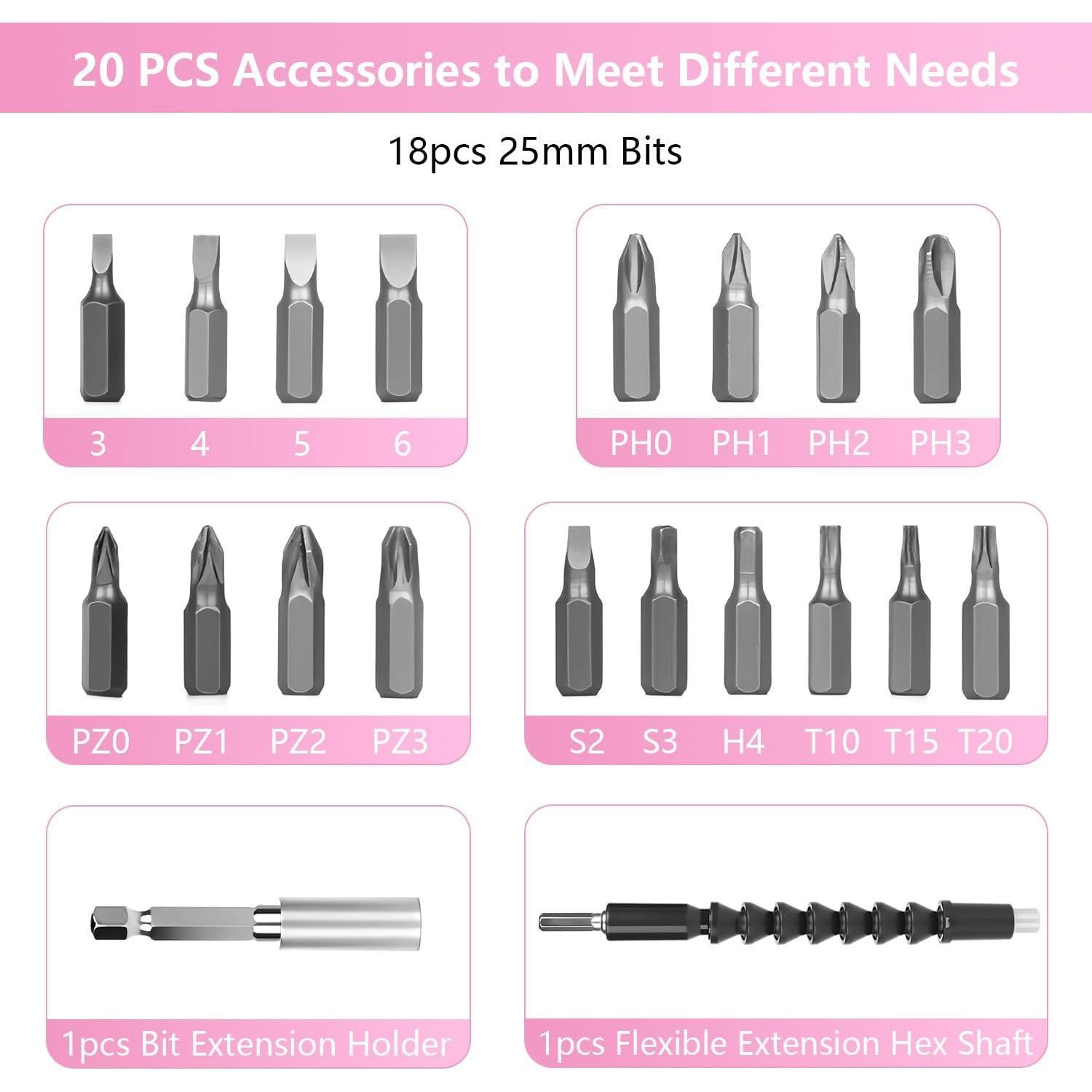 Destornillador Eléctrico Inalámbrico JENABOM 3.6V Rosa 20 Piezas