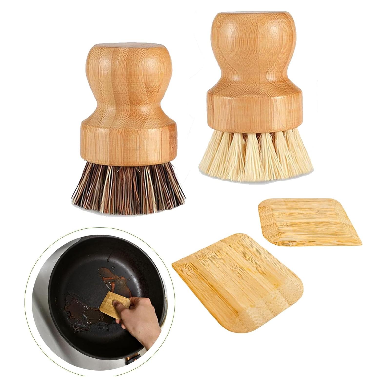 Cepillo de Fregar de Bambú y Raspador de Sartén - 4 Unidades
