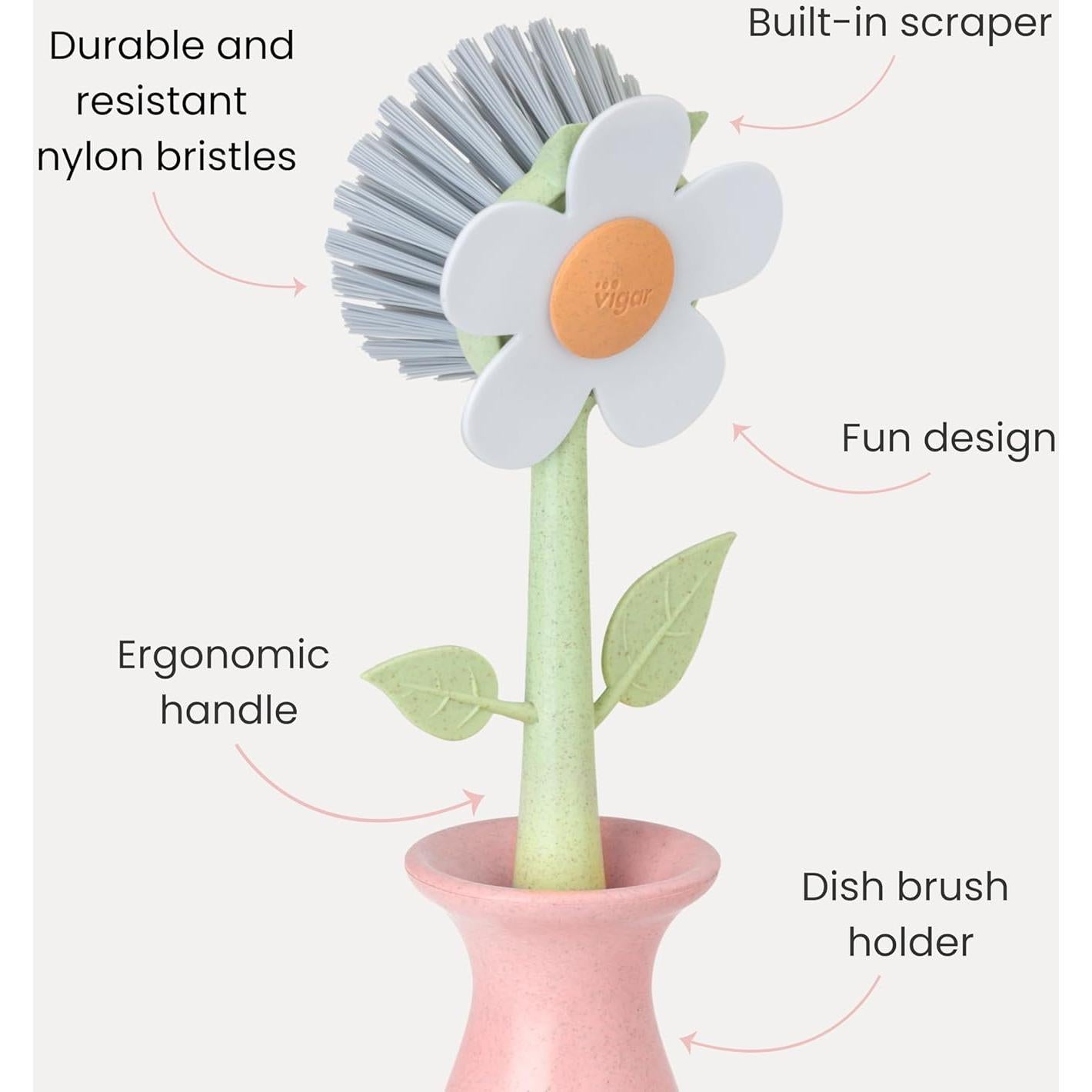 Cepillo de Platos Vigar Rosa con Soporte y Dispensador de Jabón