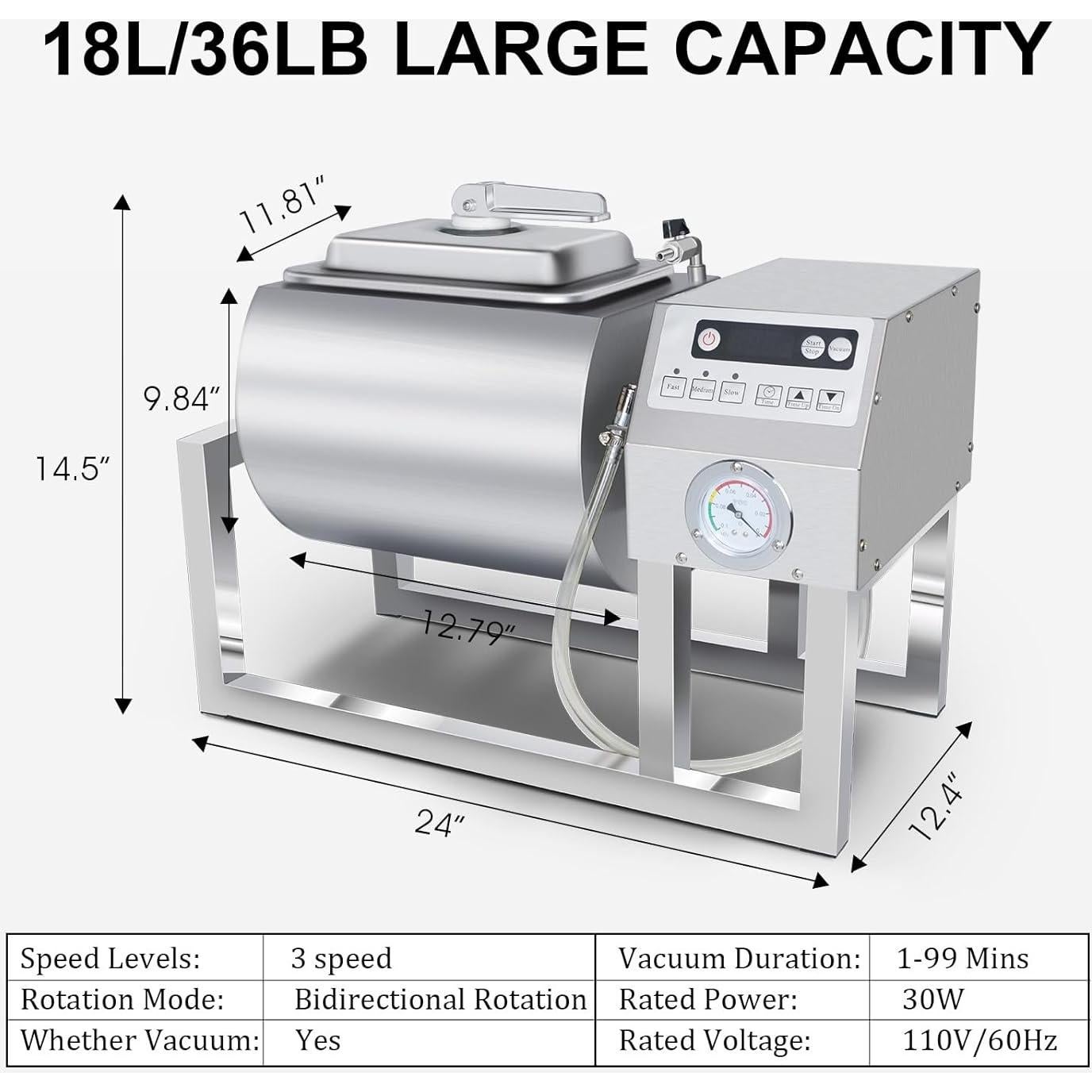 Tumbler de Vacío CLIVIA 18L para Marinado de Carne Acero Inoxidable
