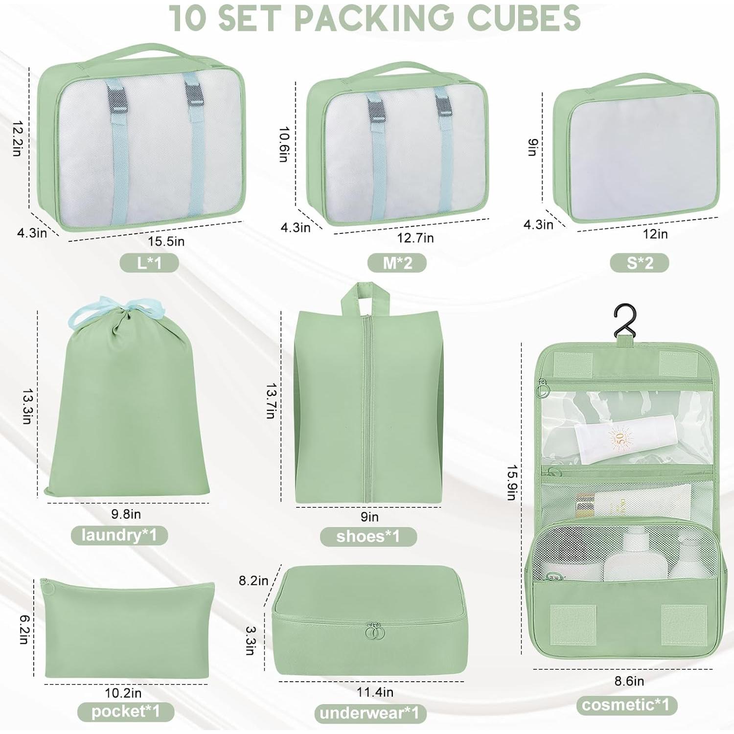 Set de 10 Cubos de Empaque de Viaje con Bolsa de Aseo Matcha