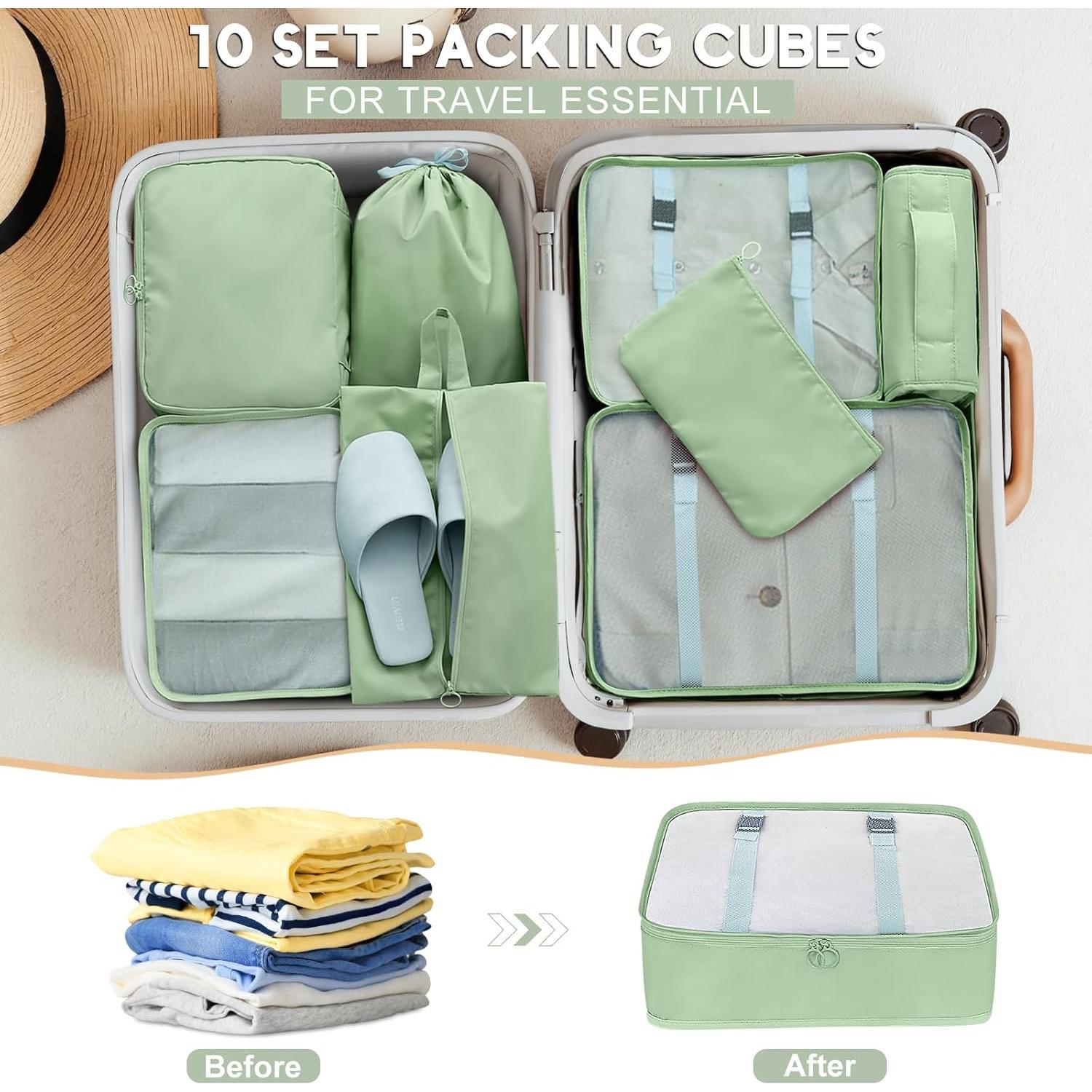 Set de 10 Cubos de Empaque de Viaje con Bolsa de Aseo Matcha