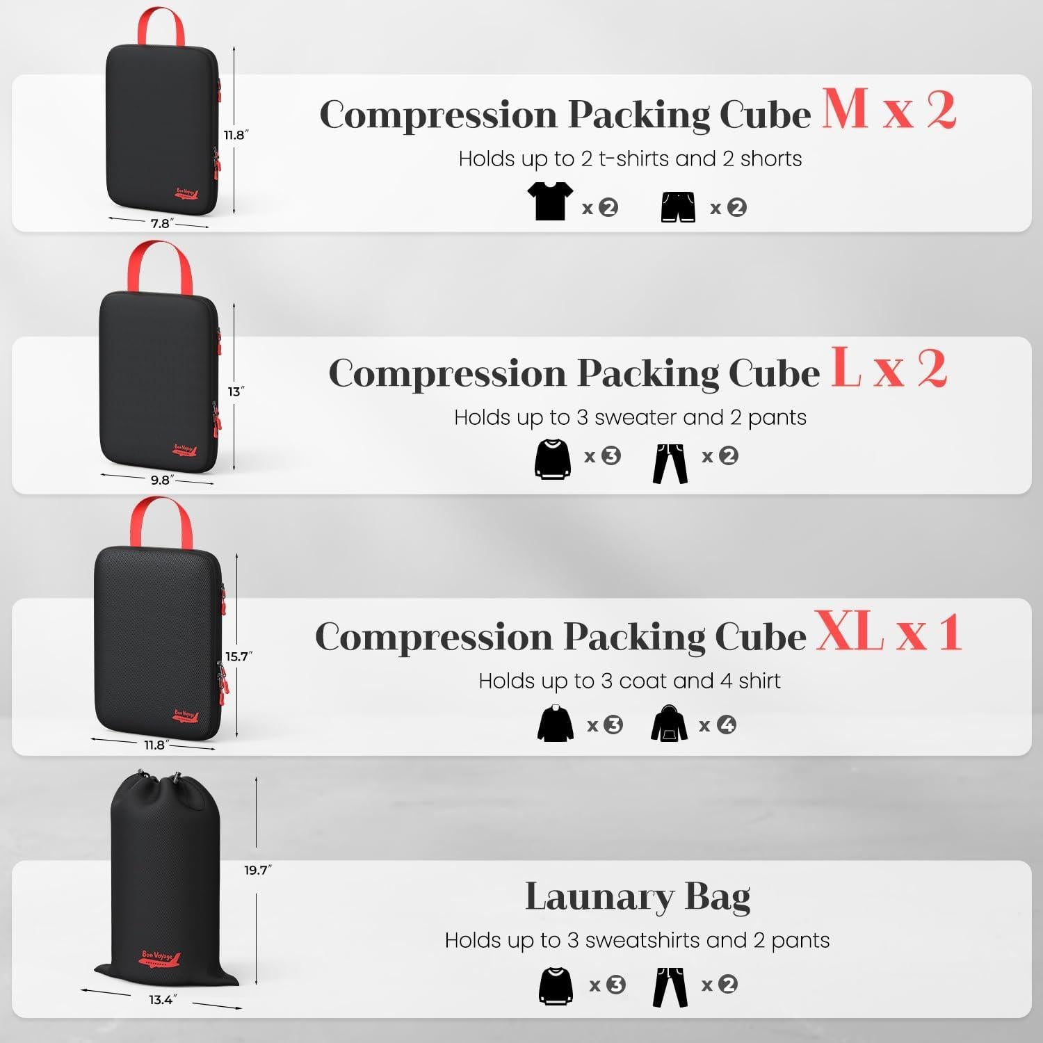 Set de 6 Cubos de Compresión Percover para Viaje Negro
