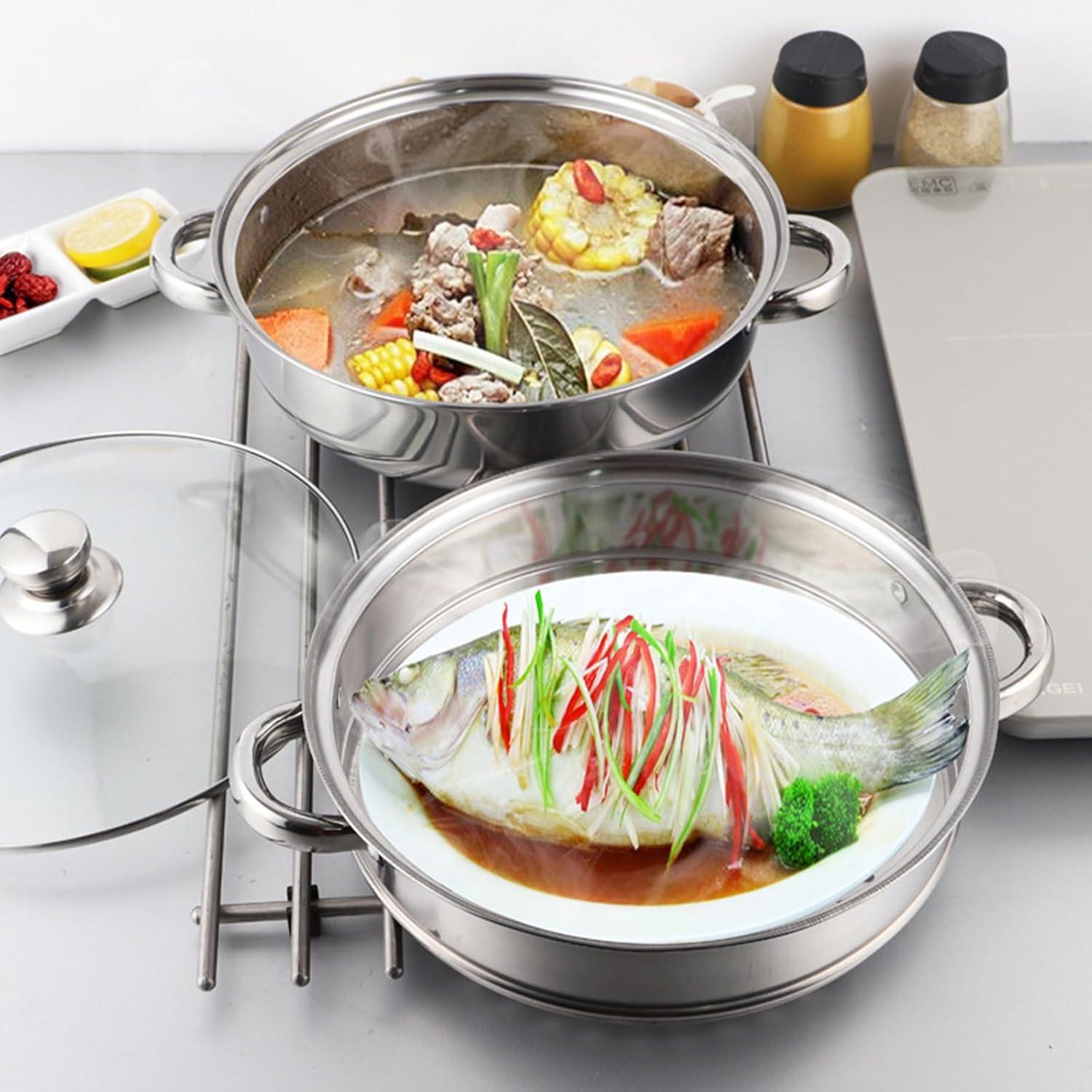 Vaporera ZENFUN 28 cm Acero Inoxidable 2 Niveles con Tapa Vidrio