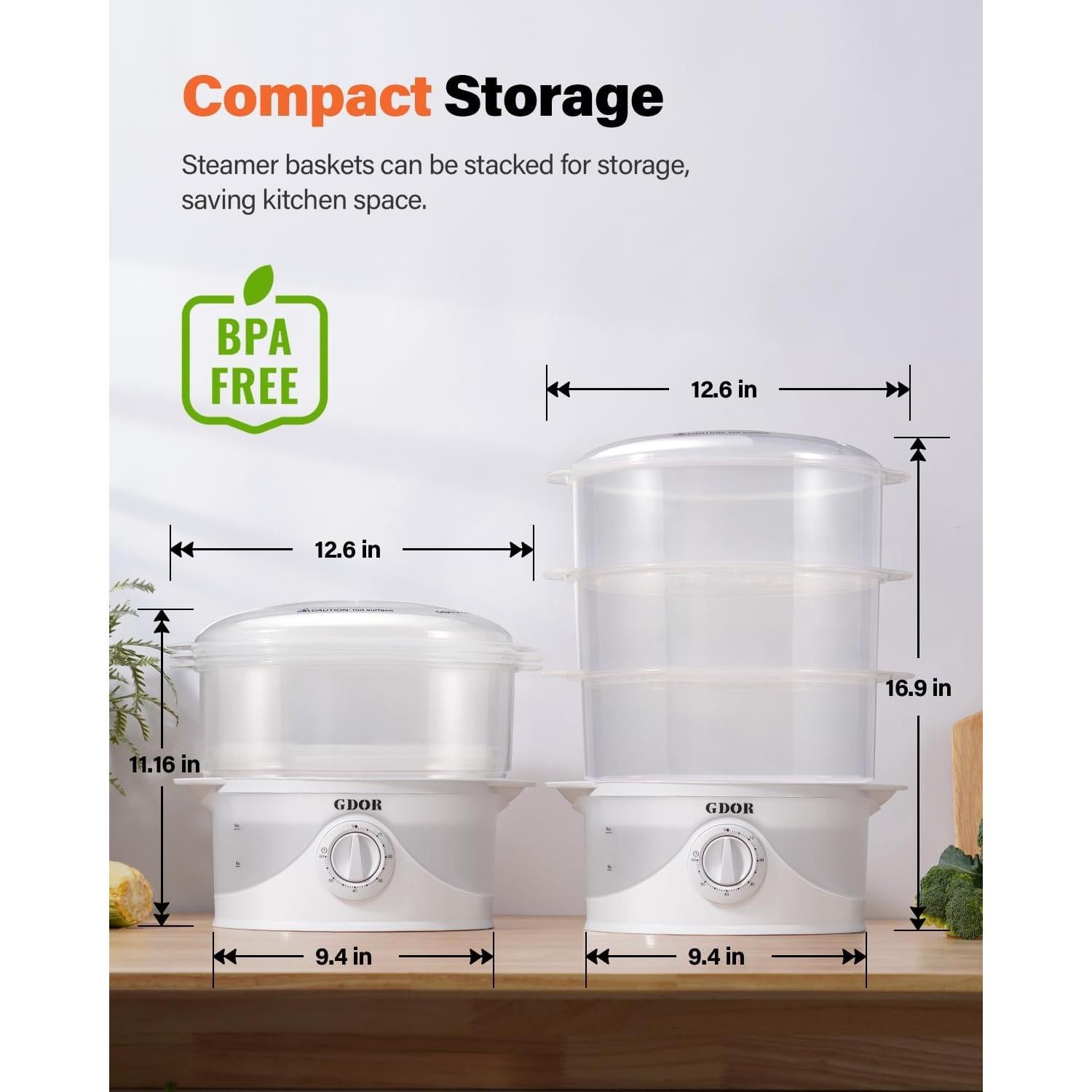 Vaporera Eléctrica GDOR 3 Niveles 800W 9.6QT Libre de BPA