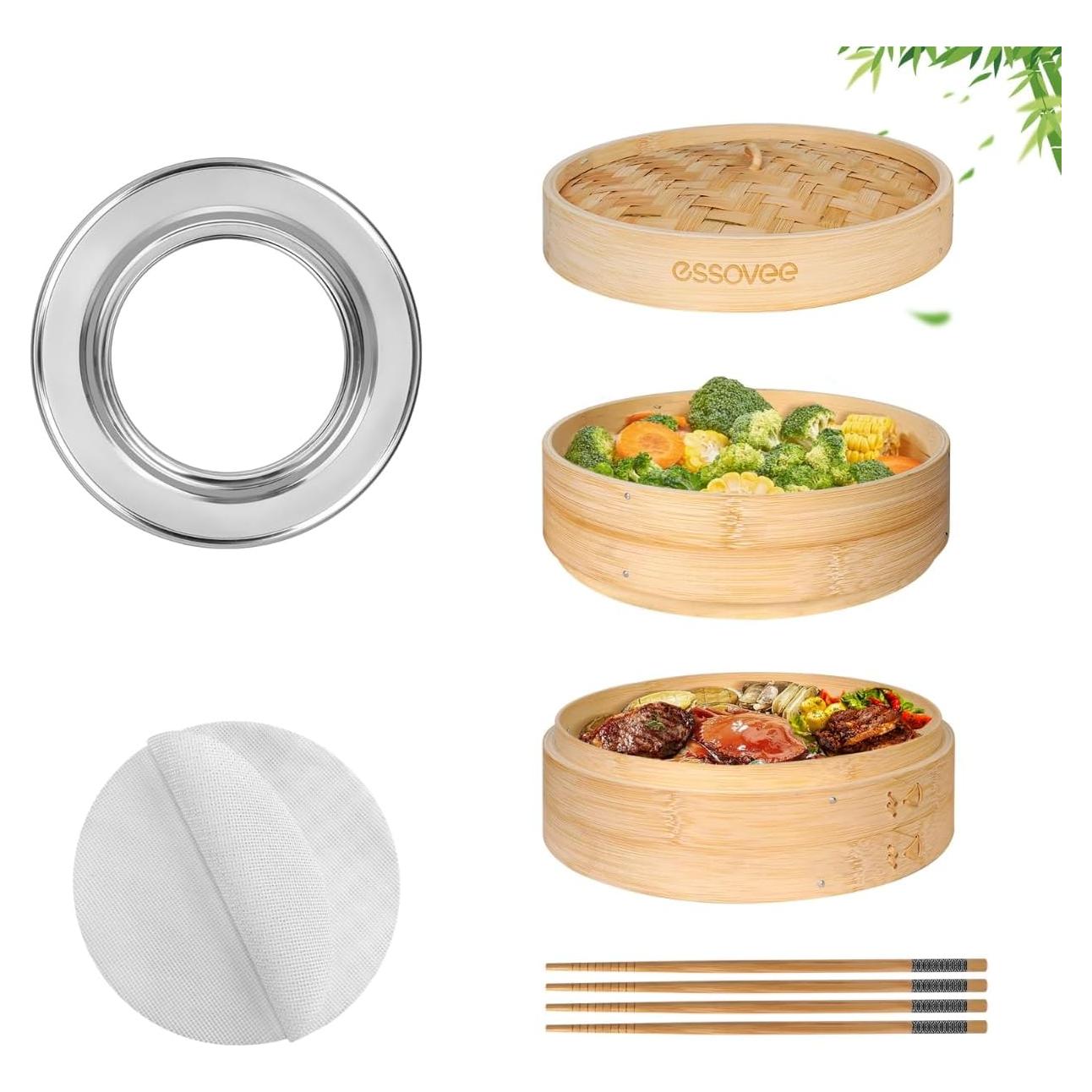 Vaporera de Bambú 10 Pulgadas Essovee 2 Niveles con Palillos