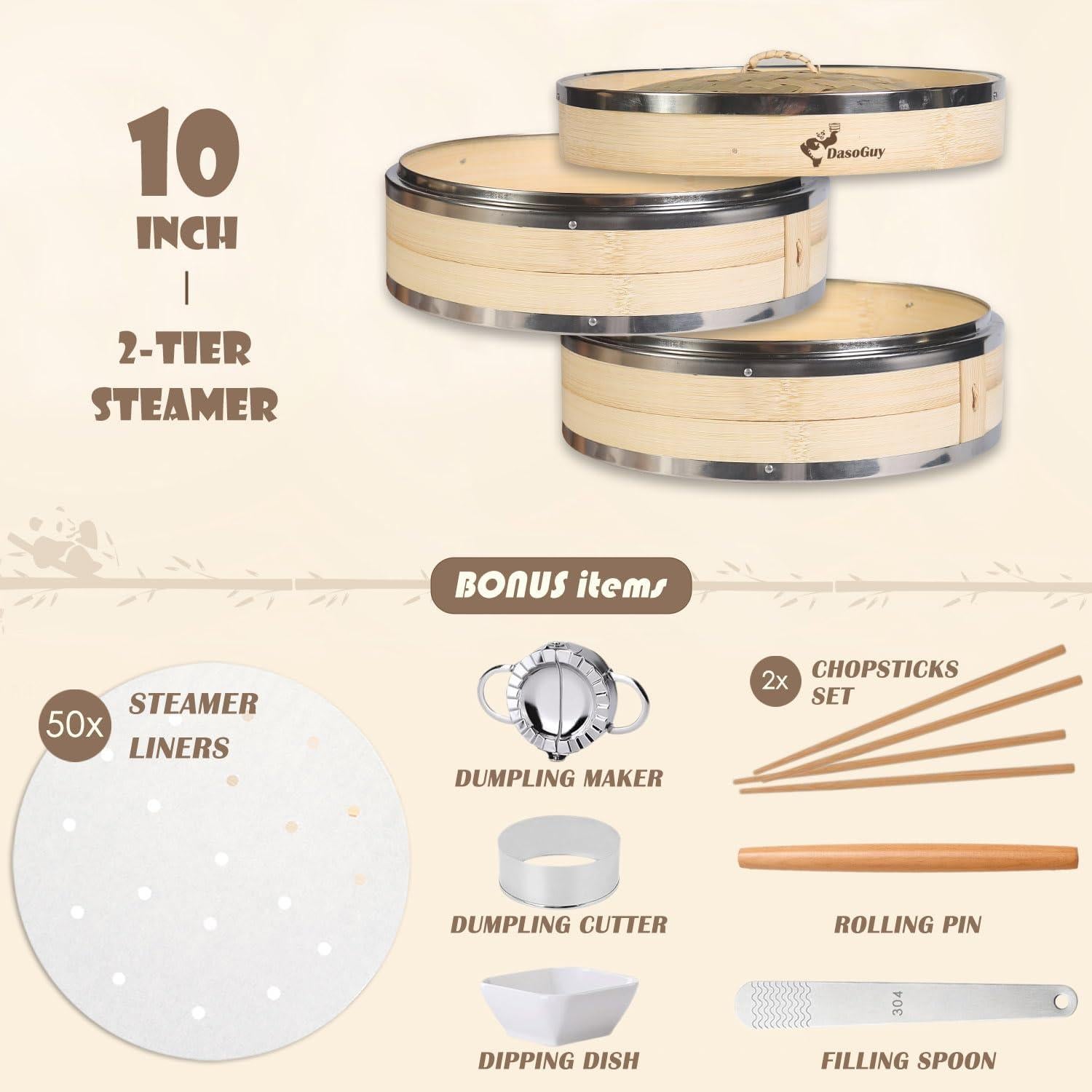 Vaporera de Bambú Dasoguy 10" (25.4 cm) con Acero Inoxidable