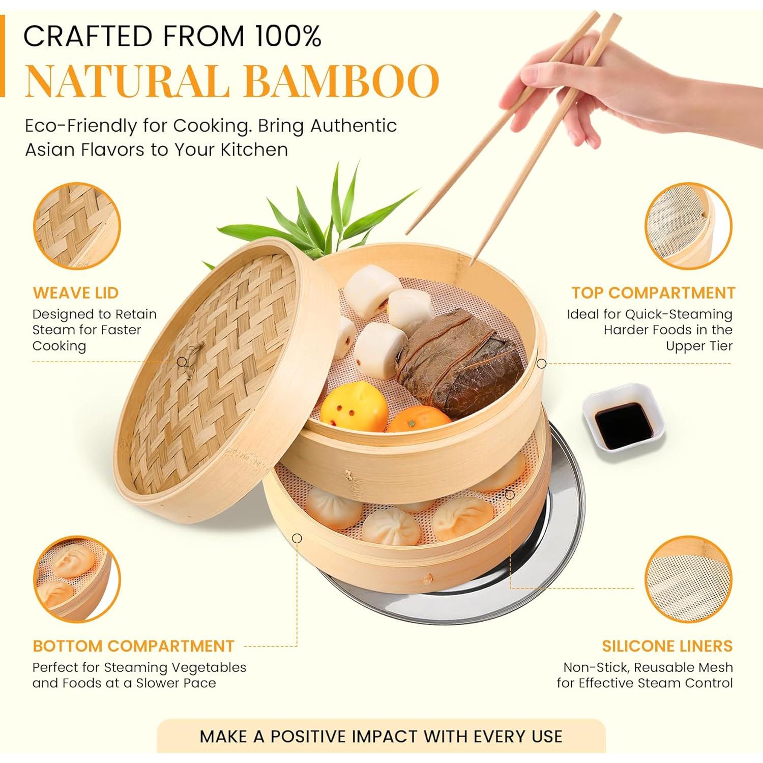 Cesta de Vapor de Bambú Natural 25.4 cm para Dumplings y Verduras