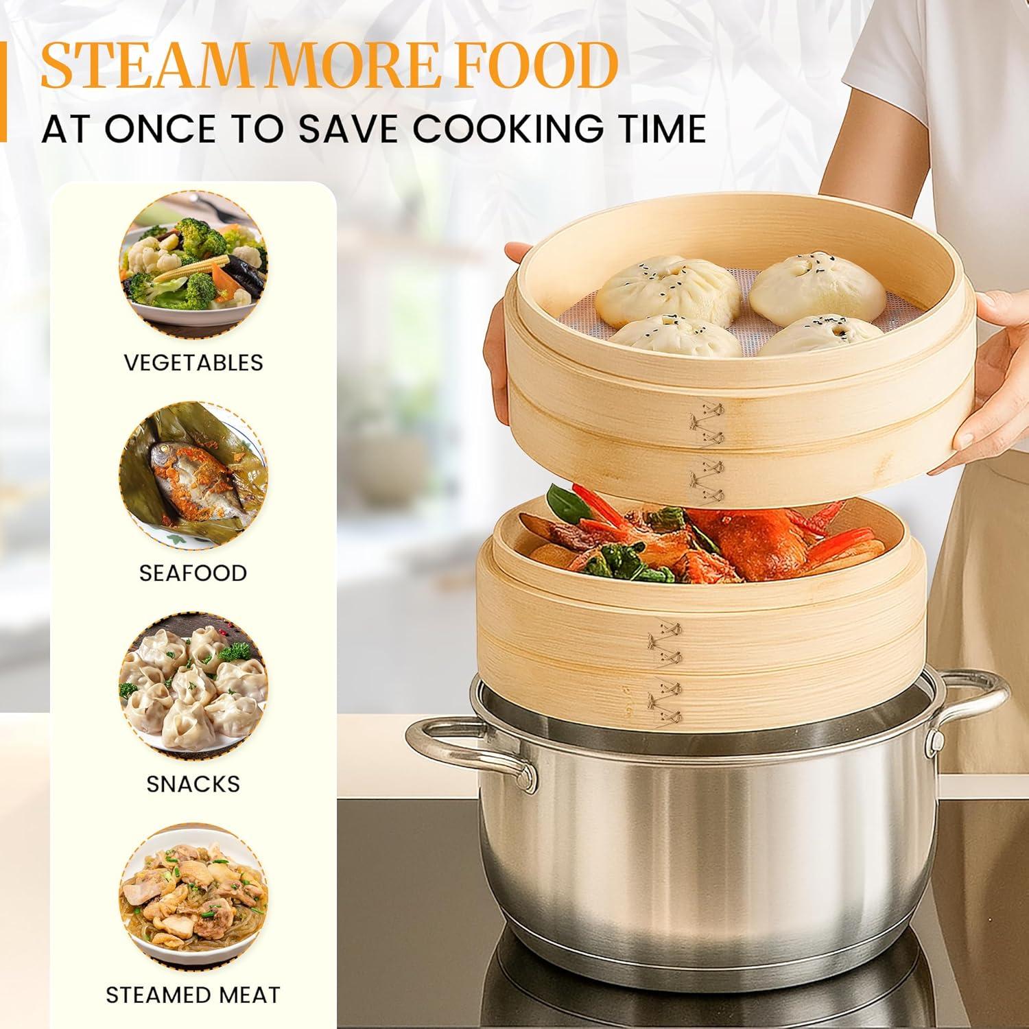 Cesta de Vapor de Bambú Natural 25.4 cm para Dumplings y Verduras