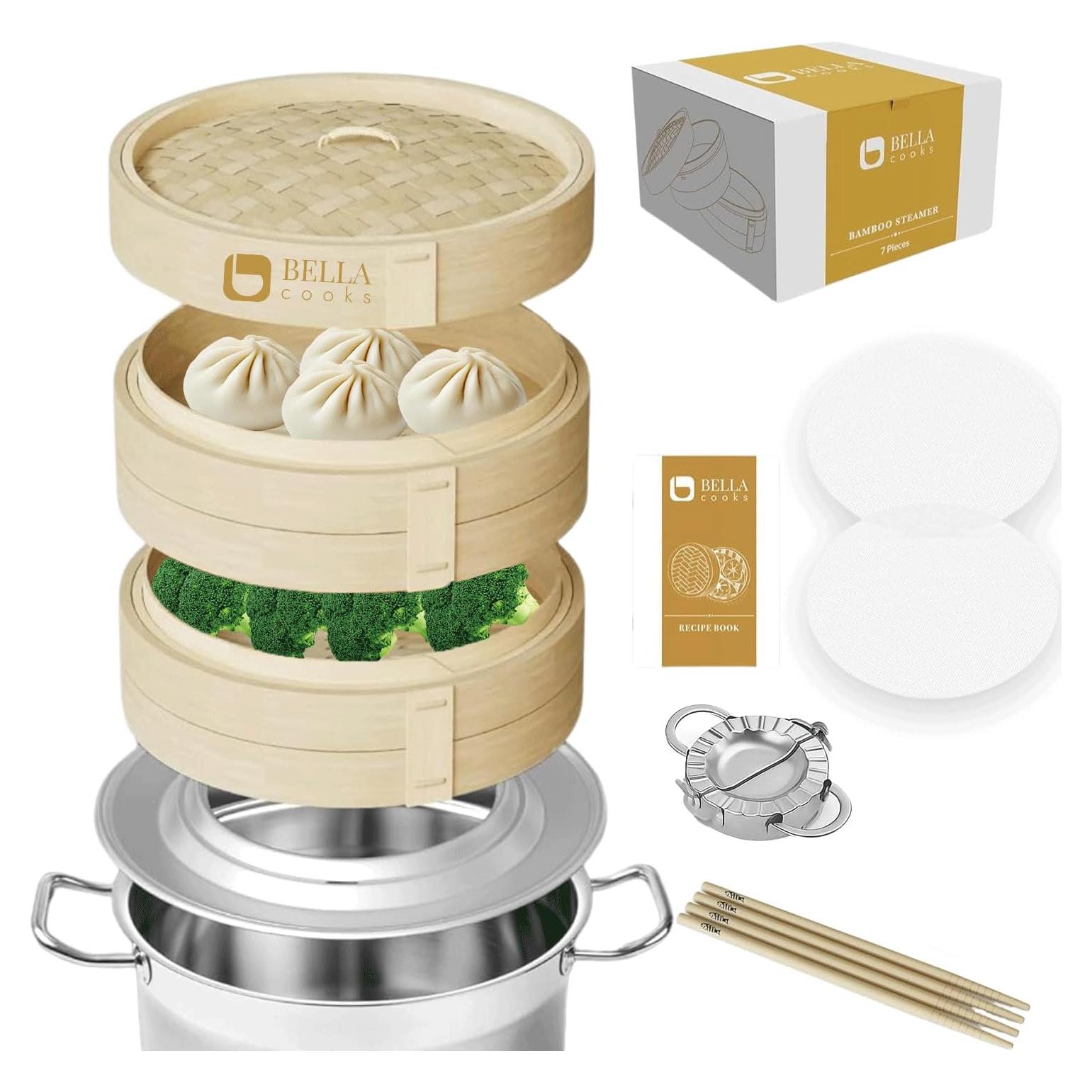 Cesta de Vapor de Bambú BELLA COOKS 27.94 cm 2 Niveles con Tapa