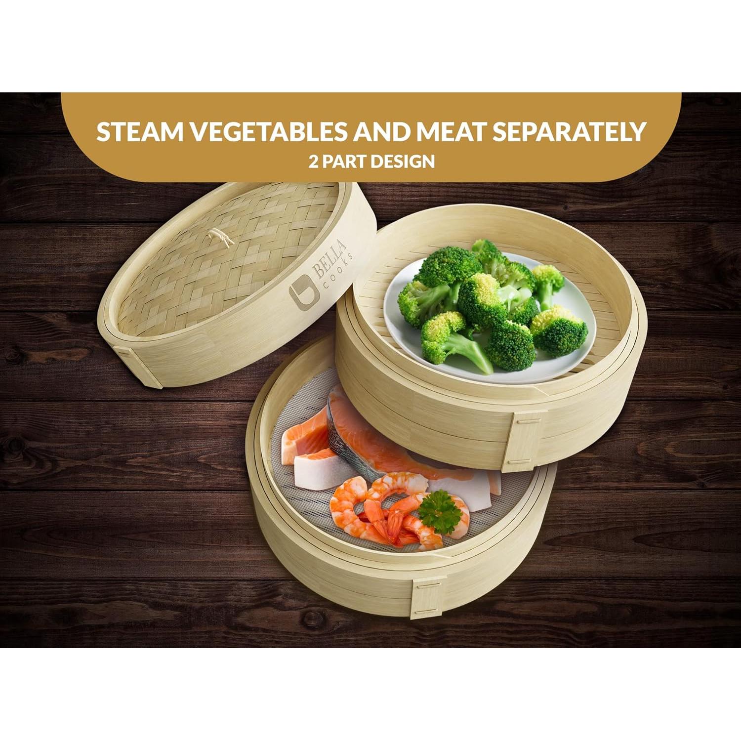 Cesta de Vapor de Bambú BELLA COOKS 27.94 cm 2 Niveles con Tapa
