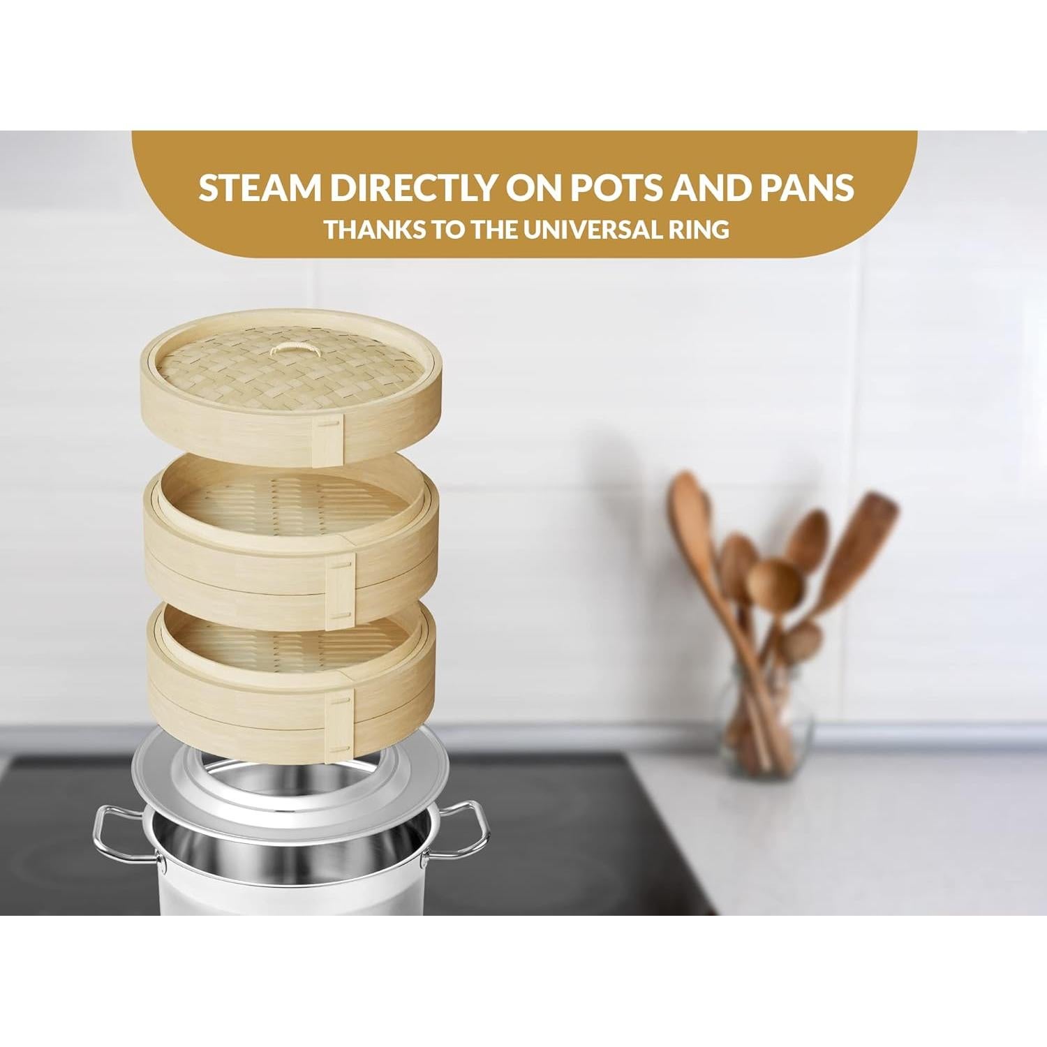 Cesta de Vapor de Bambú BELLA COOKS 27.94 cm 2 Niveles con Tapa