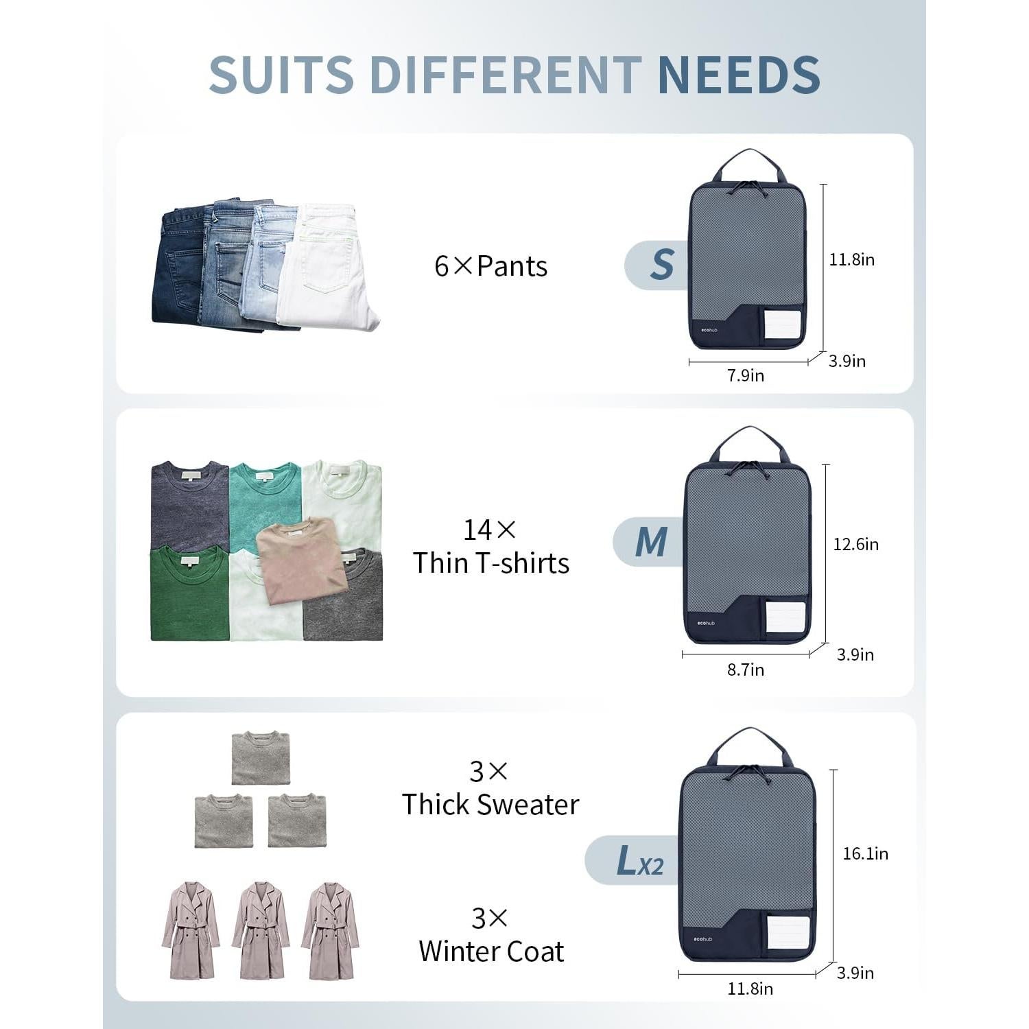 Cubos de Empaque ECOHUB Set de 4 para Viaje Azul Marino