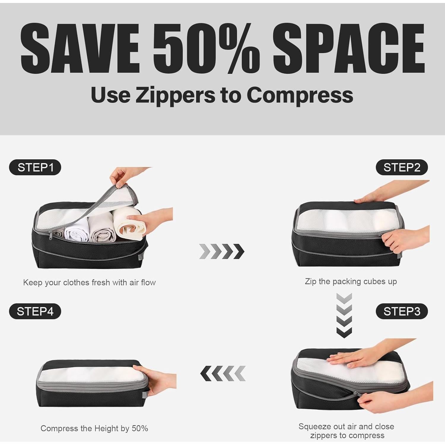 Set de 6 Cubos de Compresión Kookoomia para Viaje Negro