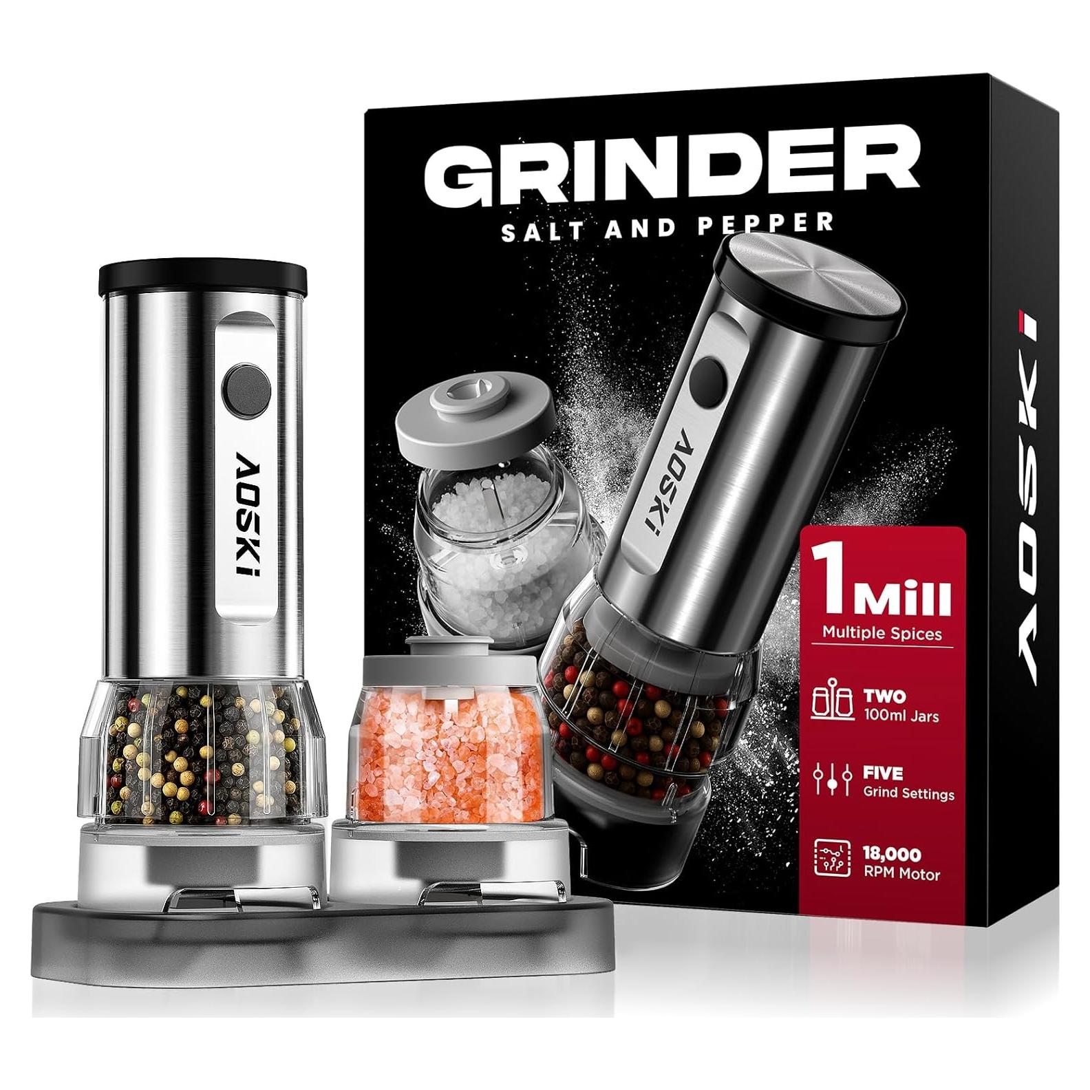Juego de Molinillos Eléctricos de Sal y Pimienta AOSKI - Acero Inoxidable, 5 Niveles