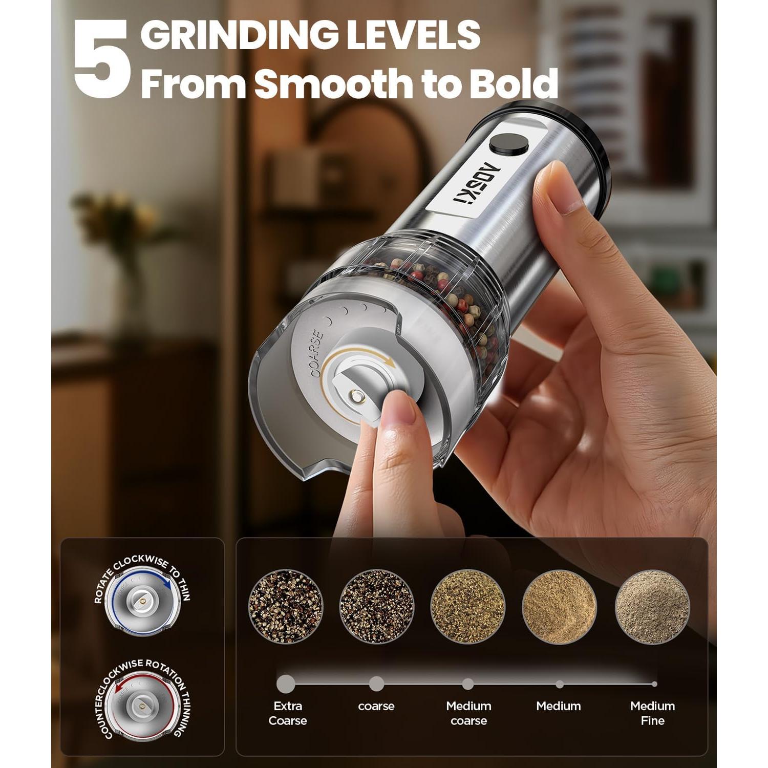 Juego de Molinillos Eléctricos de Sal y Pimienta AOSKI - Acero Inoxidable, 5 Niveles