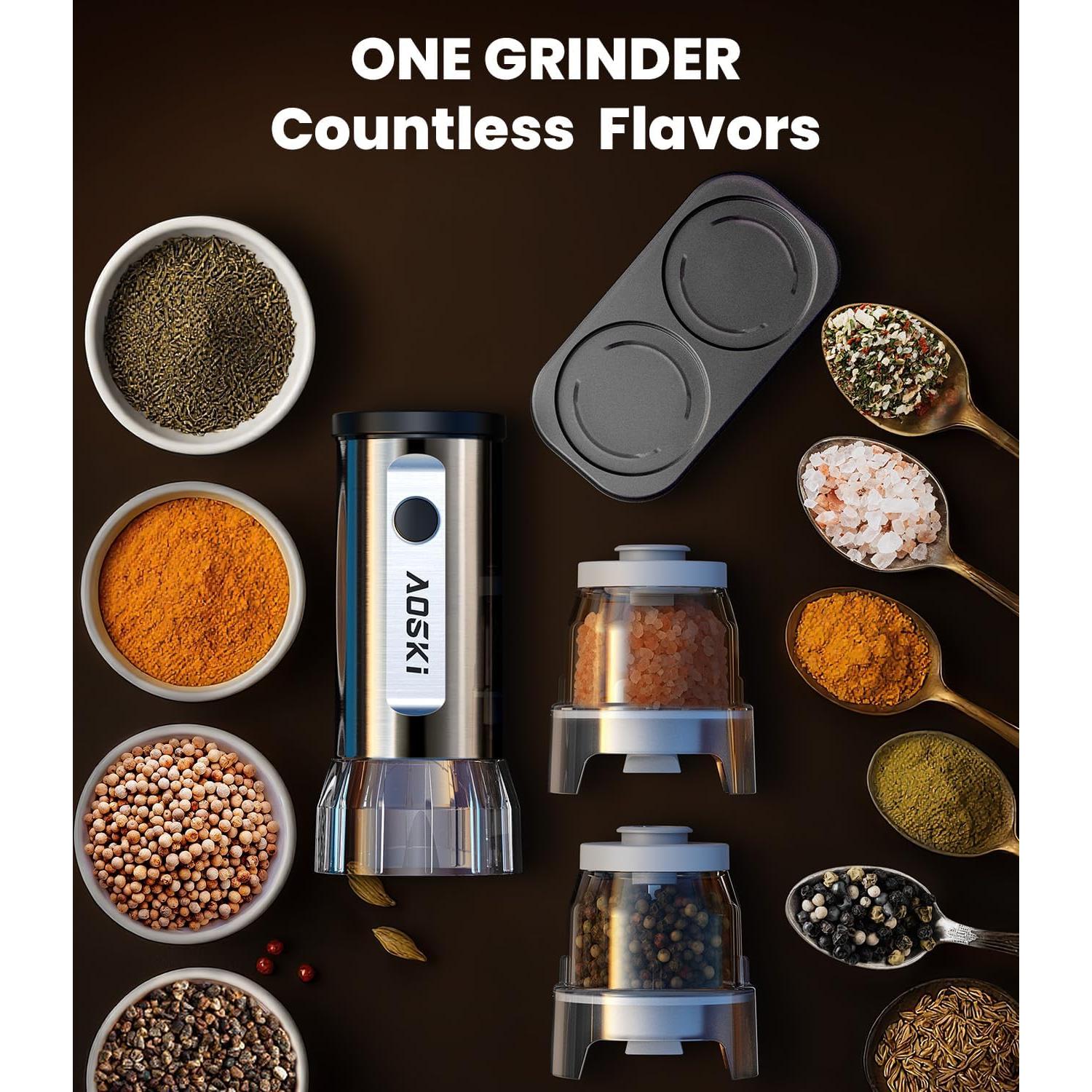 Juego de Molinillos Eléctricos de Sal y Pimienta AOSKI - Acero Inoxidable, 5 Niveles