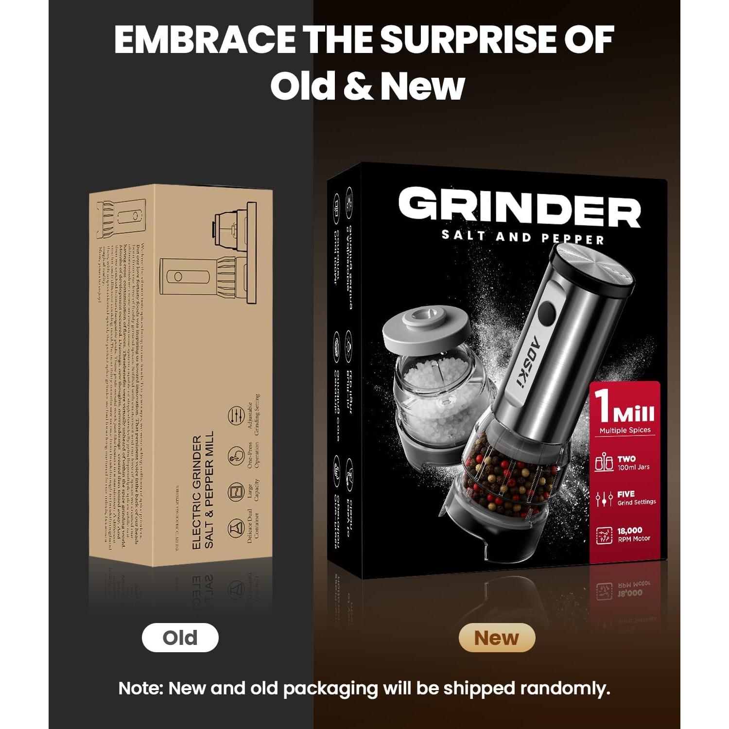 Juego de Molinillos Eléctricos de Sal y Pimienta AOSKI - Acero Inoxidable, 5 Niveles