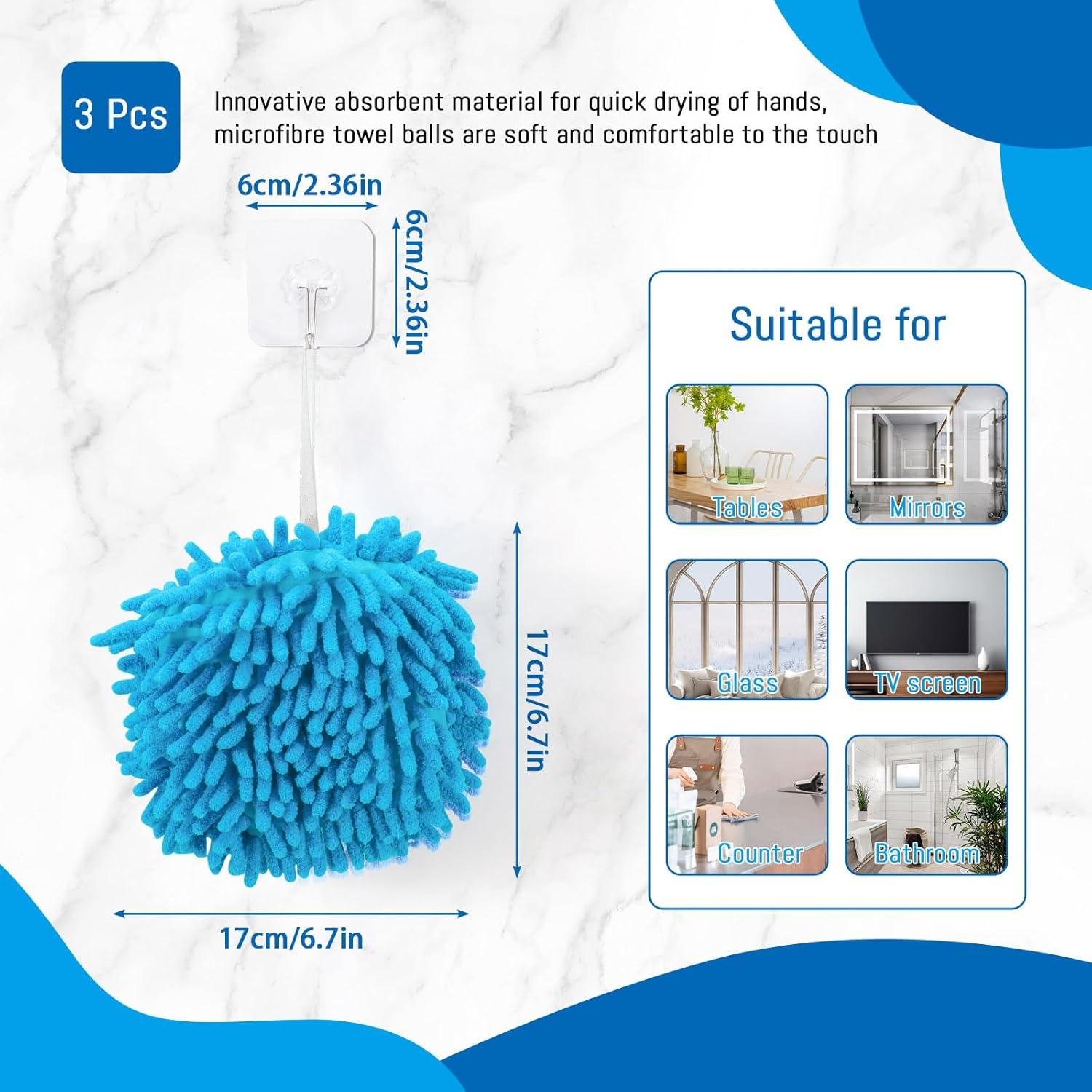 Set de 3 Toallas de Mano Chenilla Azul con 3 Ganchos Adhesivos