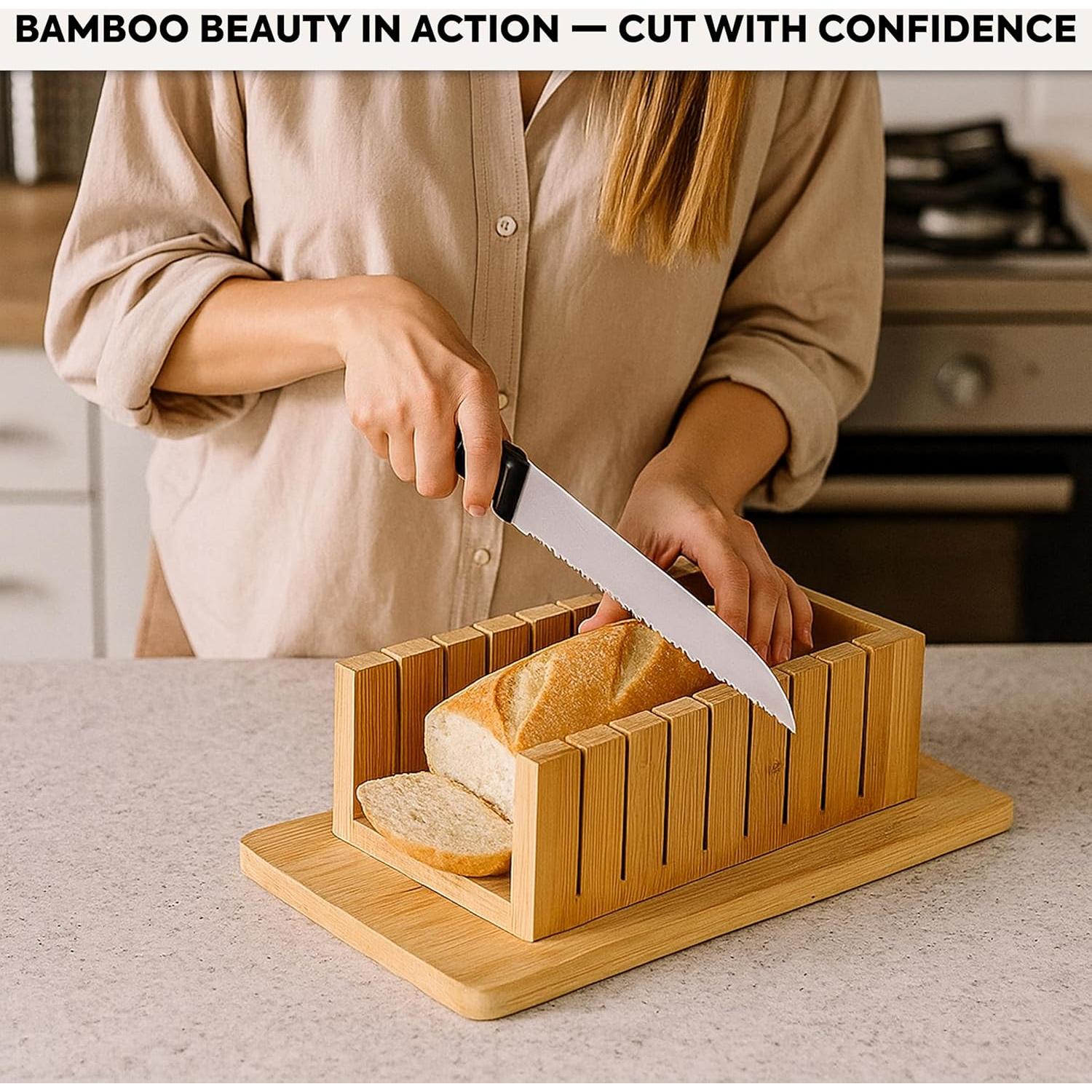 Cortador de Pan de Bambú Ajustable S V con Bandeja para Migas