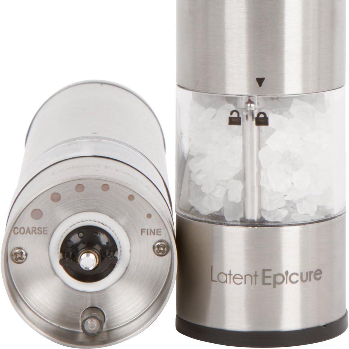 Molino Eléctrico de Sal y Pimienta Latent Epicure - Acero Inoxidable, Ajuste Fino y Grueso, Luz LED