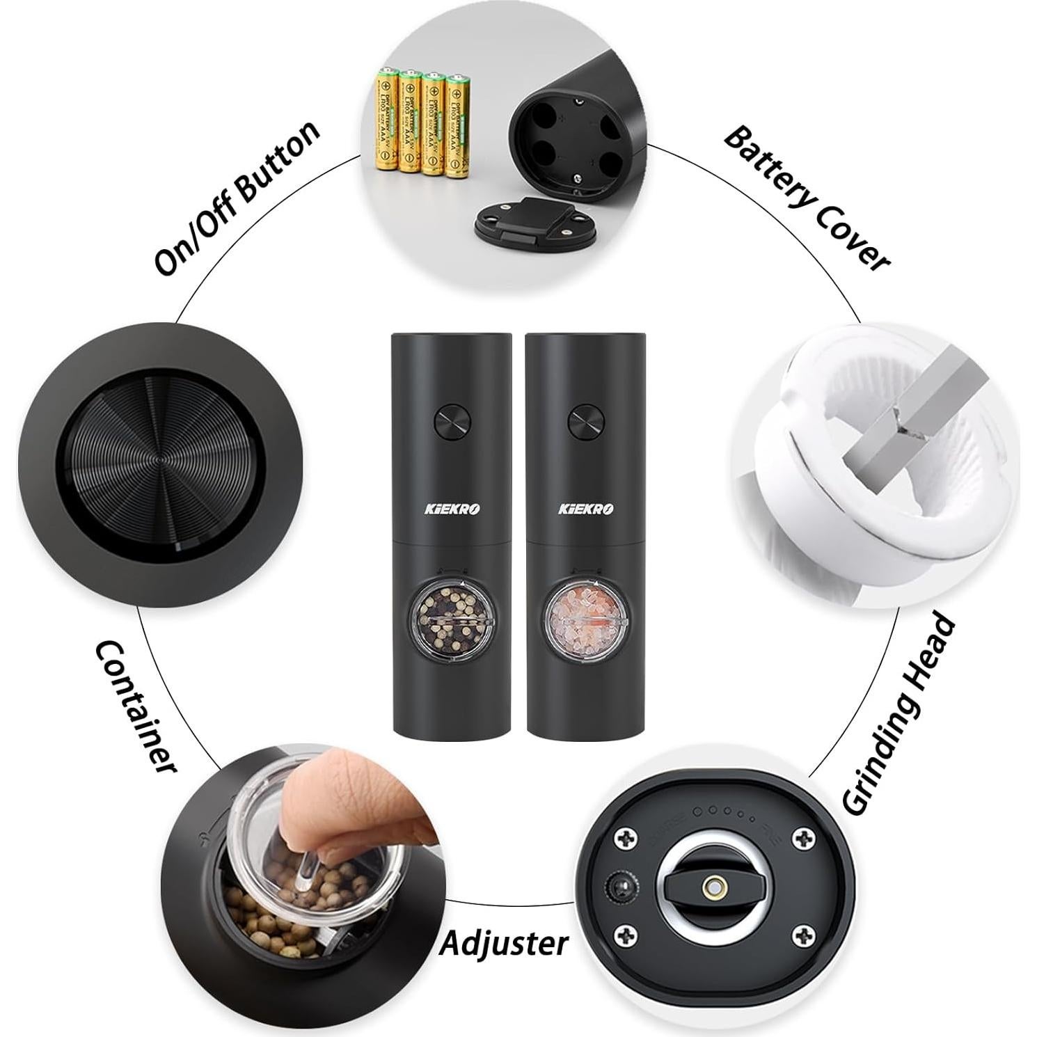 Juego de Molinillos de Sal y Pimienta Eléctrico KIEKRO Negro